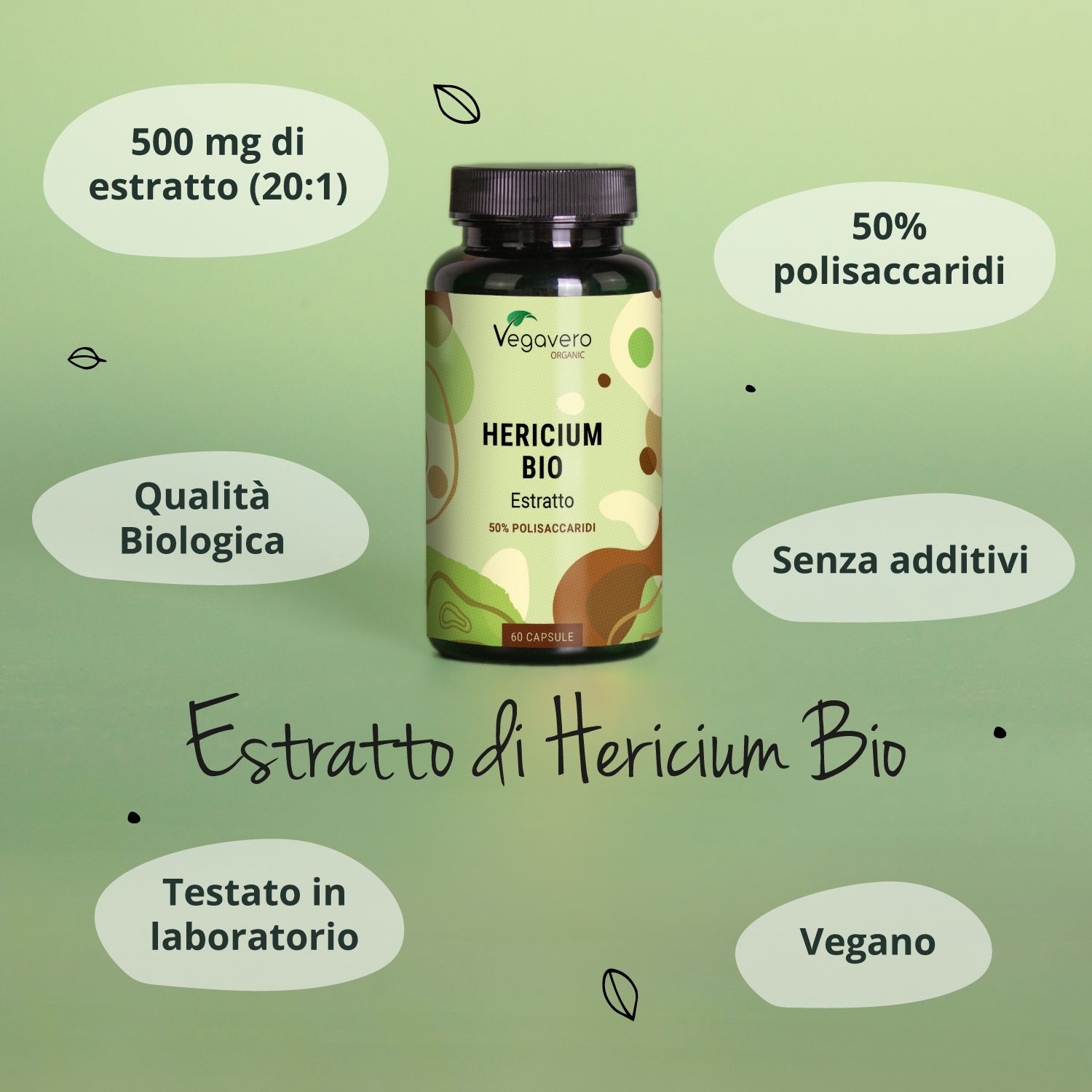Flacone verde con tappo nero. Scritta: Hericium BIO Estratto, 50% polisaccaridi. 60 capsule. Con infografiche.