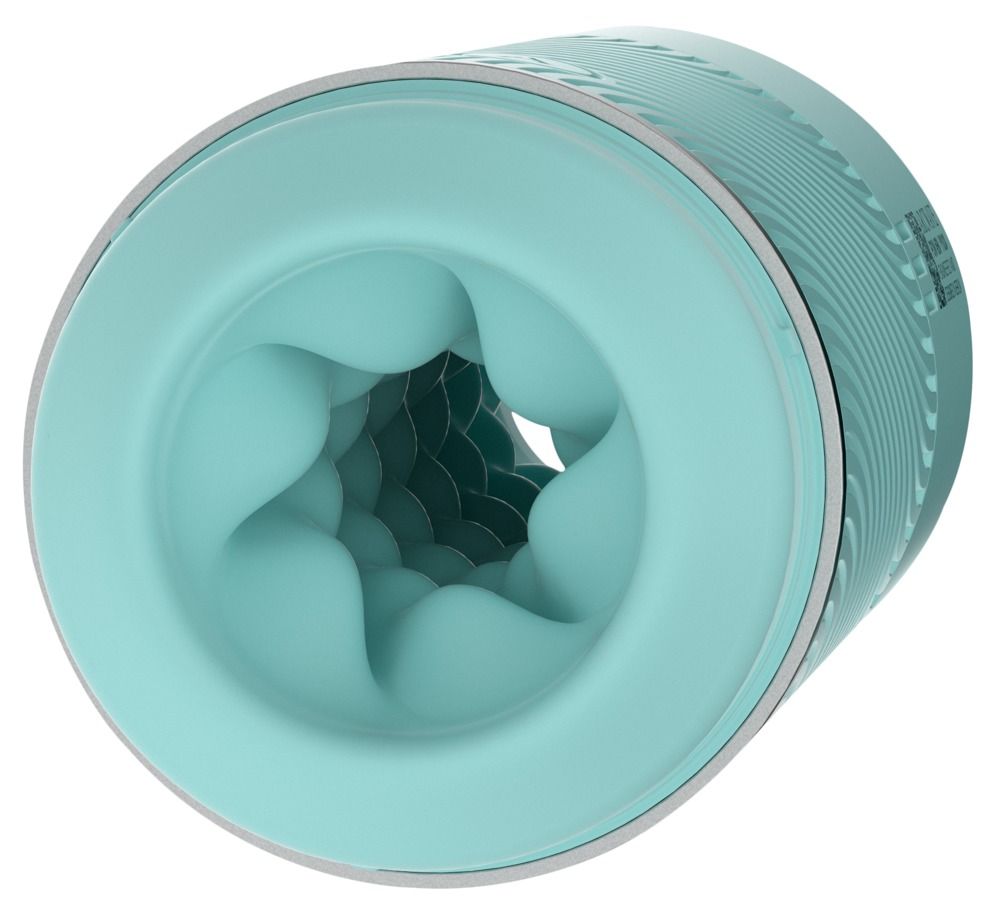 Masturbatore in silicone turchese con struttura interna a nido d'ape e design esterno a coste.