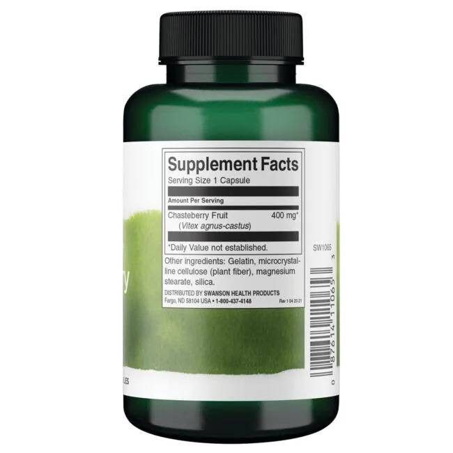 Retro di una bottiglia verde. Etichetta bianca con informazioni nutrizionali e ingredienti. Scritta: Chasteberry Fruit, 400 mg.