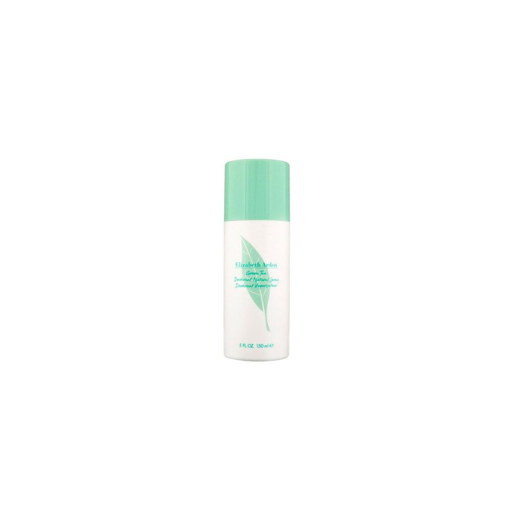 Spray deodorante con tappo verde. Scritta: Elizabeth Arden Green Tea. Logo foglia. 5 FL.OZ. 150 ml.