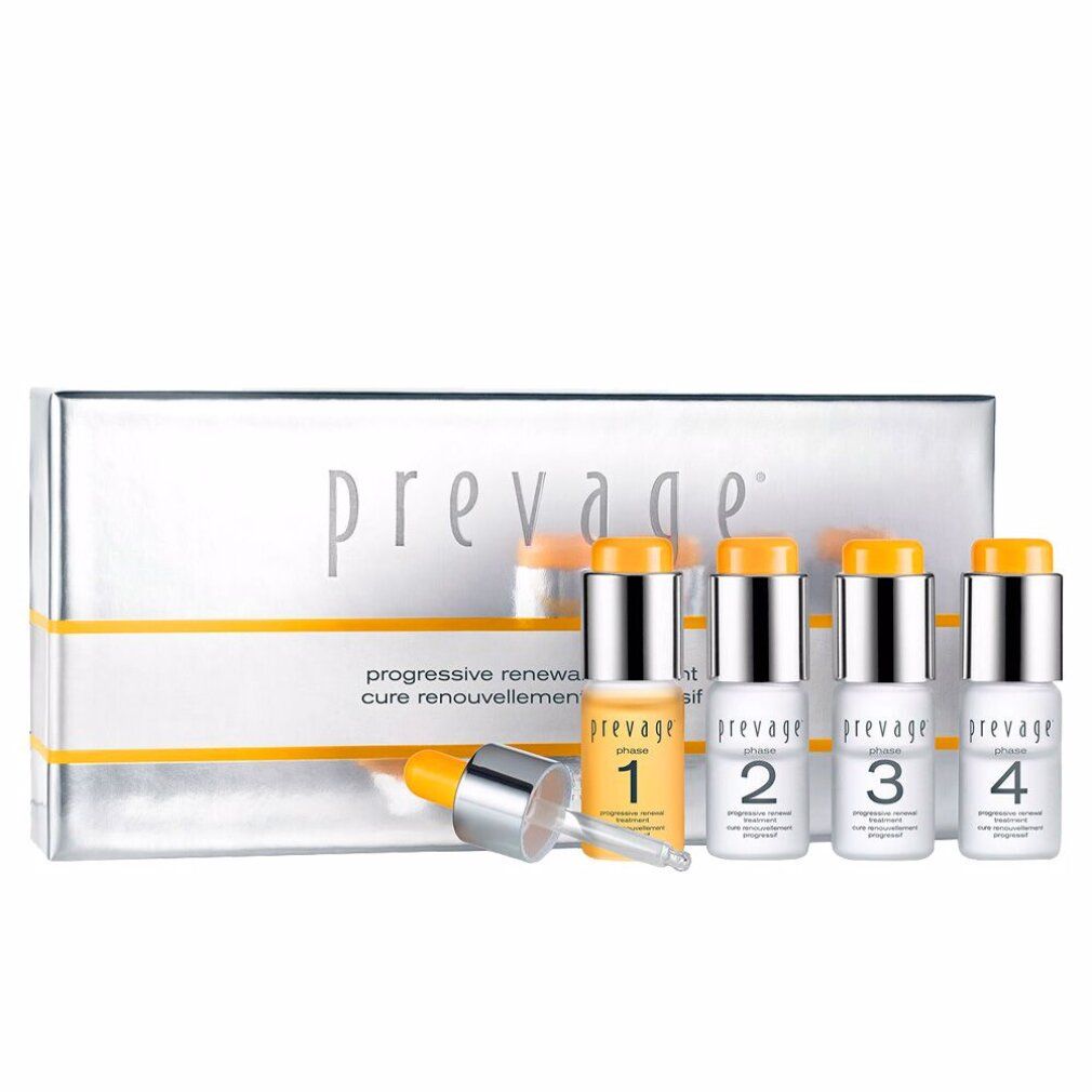 Set Prevage con quattro flaconi numerati 1-4 e pipetta. Scatola argentata con banda gialla. Scritta "prevage".