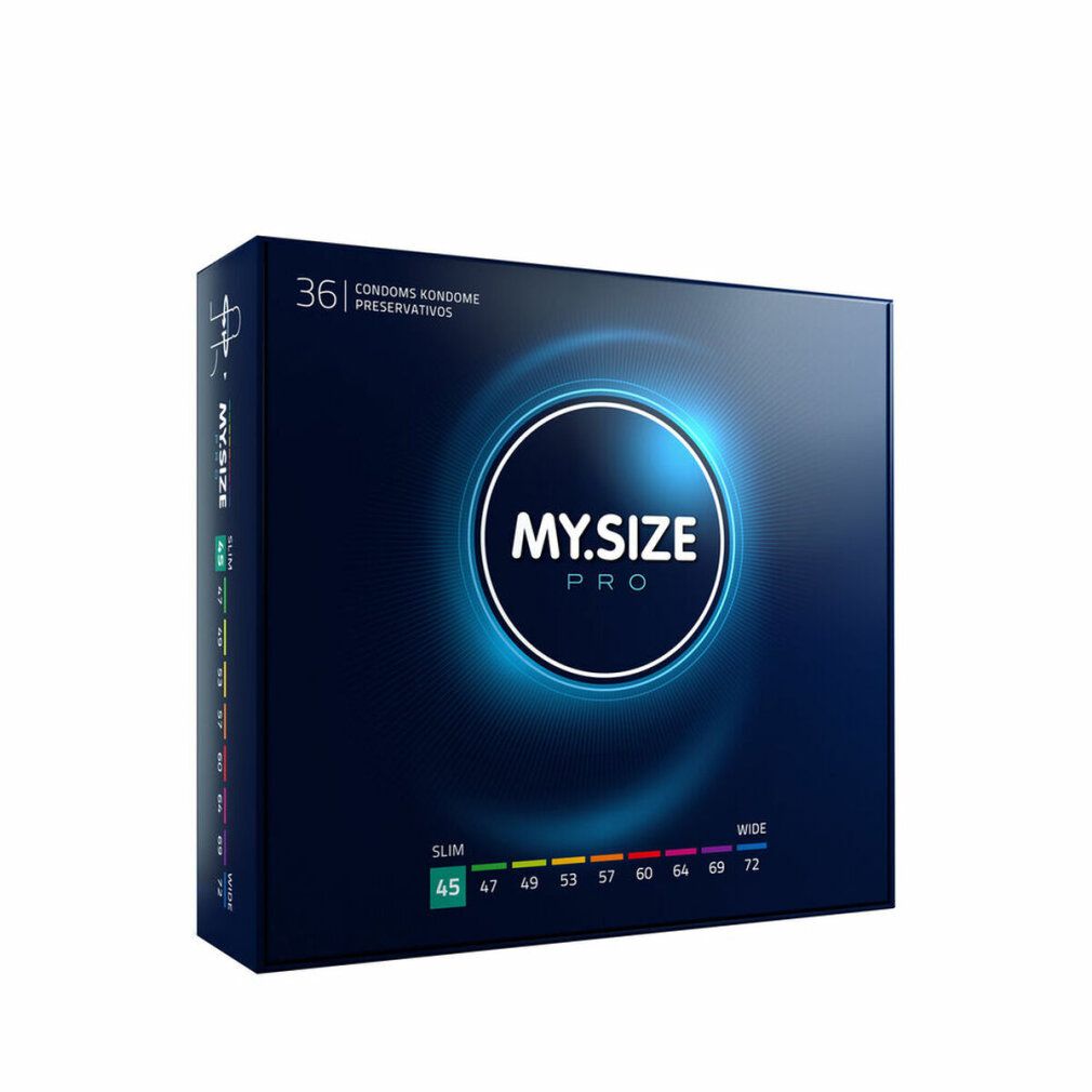 Scatola blu scuro con logo "MY.SIZE PRO". "36 preservativi" in alto. Taglie in basso.