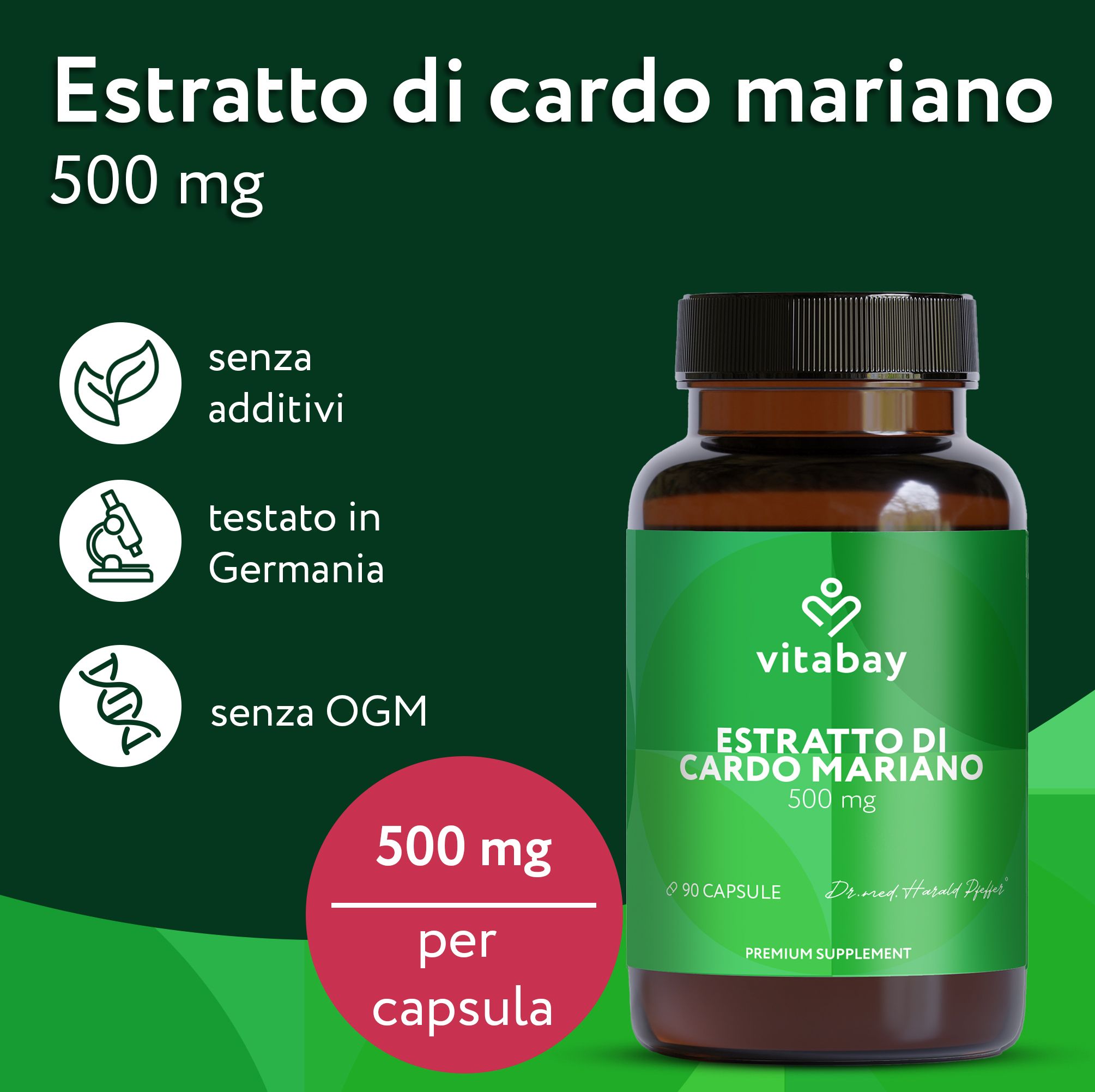 Capsule Vitabay Estratto di Cardo Mariano 500 mg, senza additivi.