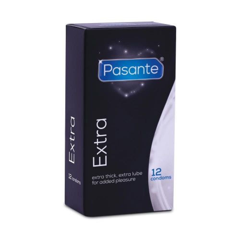 Scatola nera di preservativi Pasante Extra. Scritta: Extra, 12 preservativi. Testo: extra spessi, extra lubrificati.
