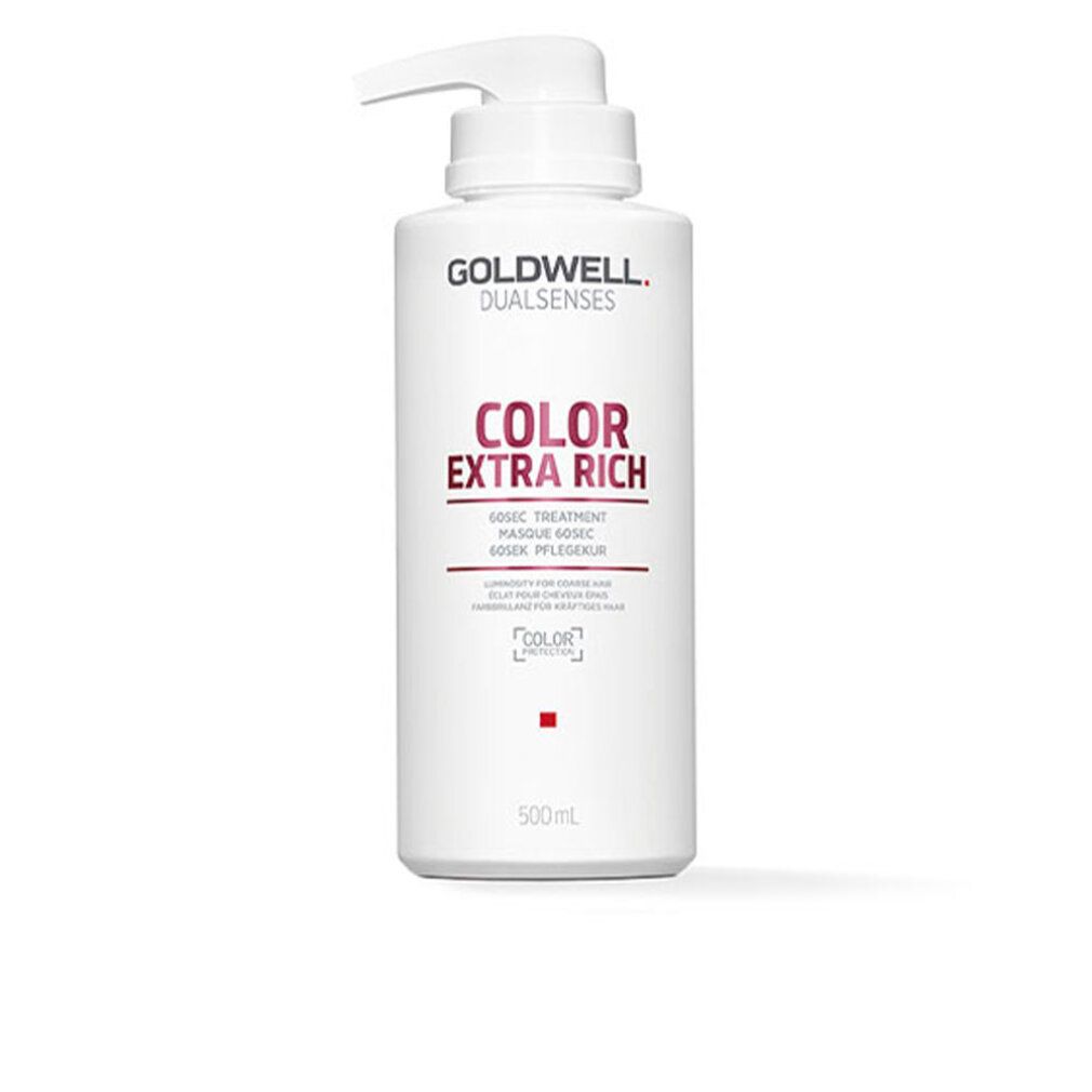 Flacone bianco con pompa. Scritta: Goldwell Dualsenses Color Extra Rich. 60sec Treatment. 500ml.