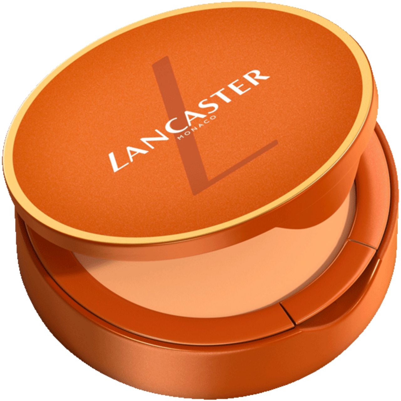 Compattatore arancione aperto. Coperchio con logo Lancaster. Interno color crema.