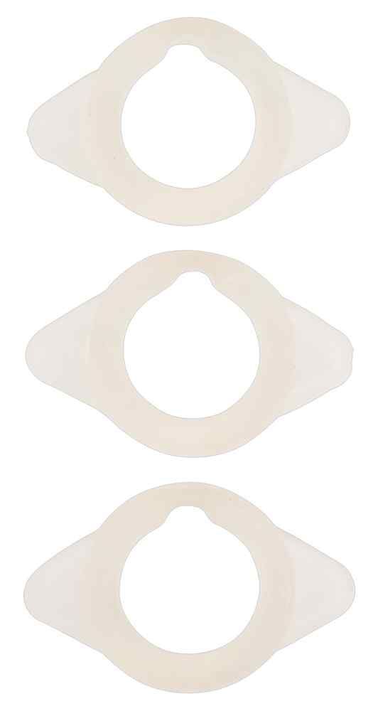 Tre anelli trasparenti. Ogni anello ha un'apertura rotonda e due rigonfiamenti laterali. Disposti uno accanto all'altro.