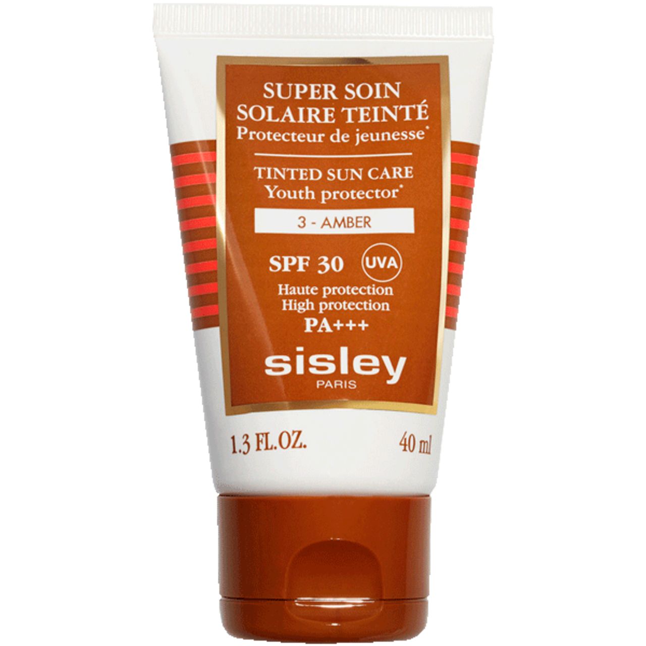 Tubo di crema con testo. Contiene 'SUPER SOIN SOLAIRE TEINTE' e 'SPF 30'. Marchio: SISLEY.