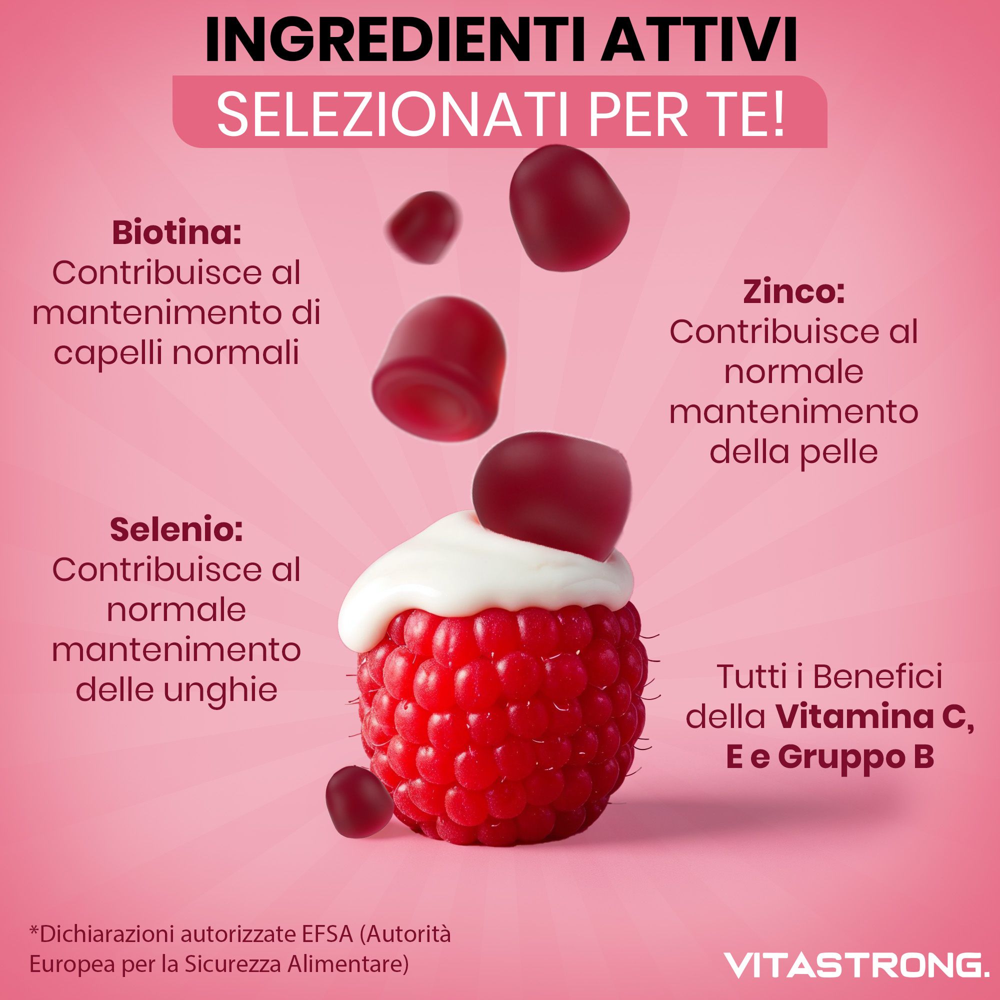 Gommosi alla lampone su lampone. Contiene biotina, zinco e selenio. Contiene anche Vit C, E e gruppo B.