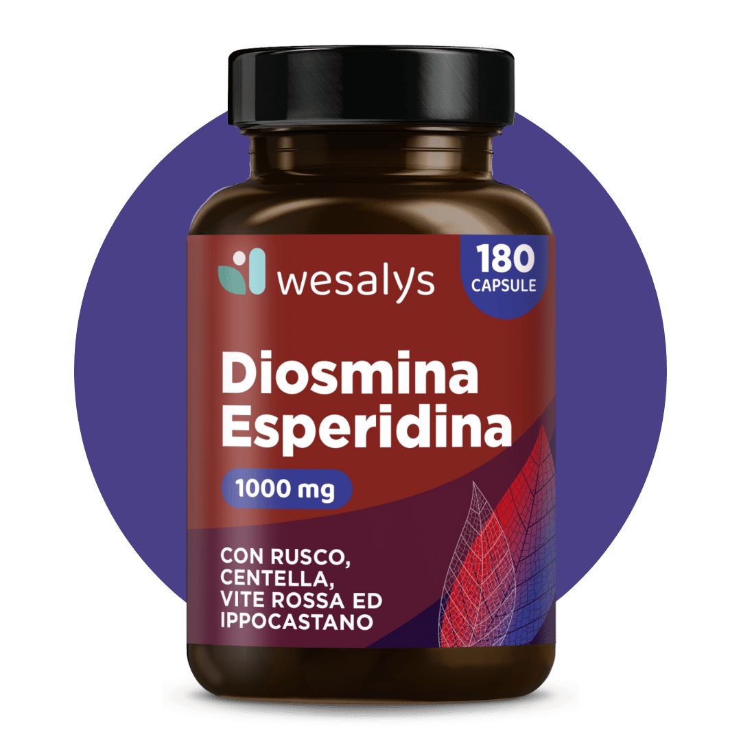 Flacone marrone di capsule. Scritta: Wesalys, Diosmina Esperidina, 1000 mg, 180 capsule. Contiene Rusco, Centella, V. Rossa, Ippocastano.