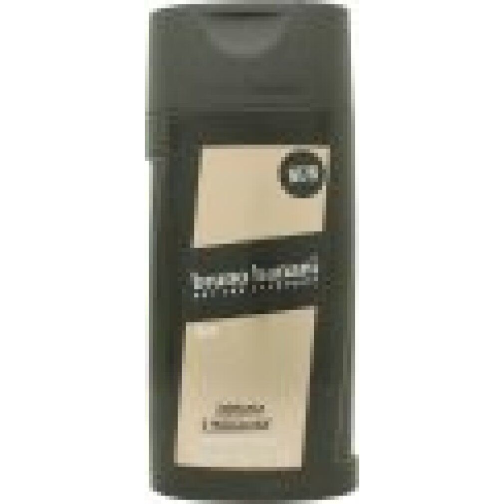 Flacone di gel doccia scuro con logo "Bruno Banani" e scritta "Man". Visibili anche "Timeless & Masculine" e "NEW".