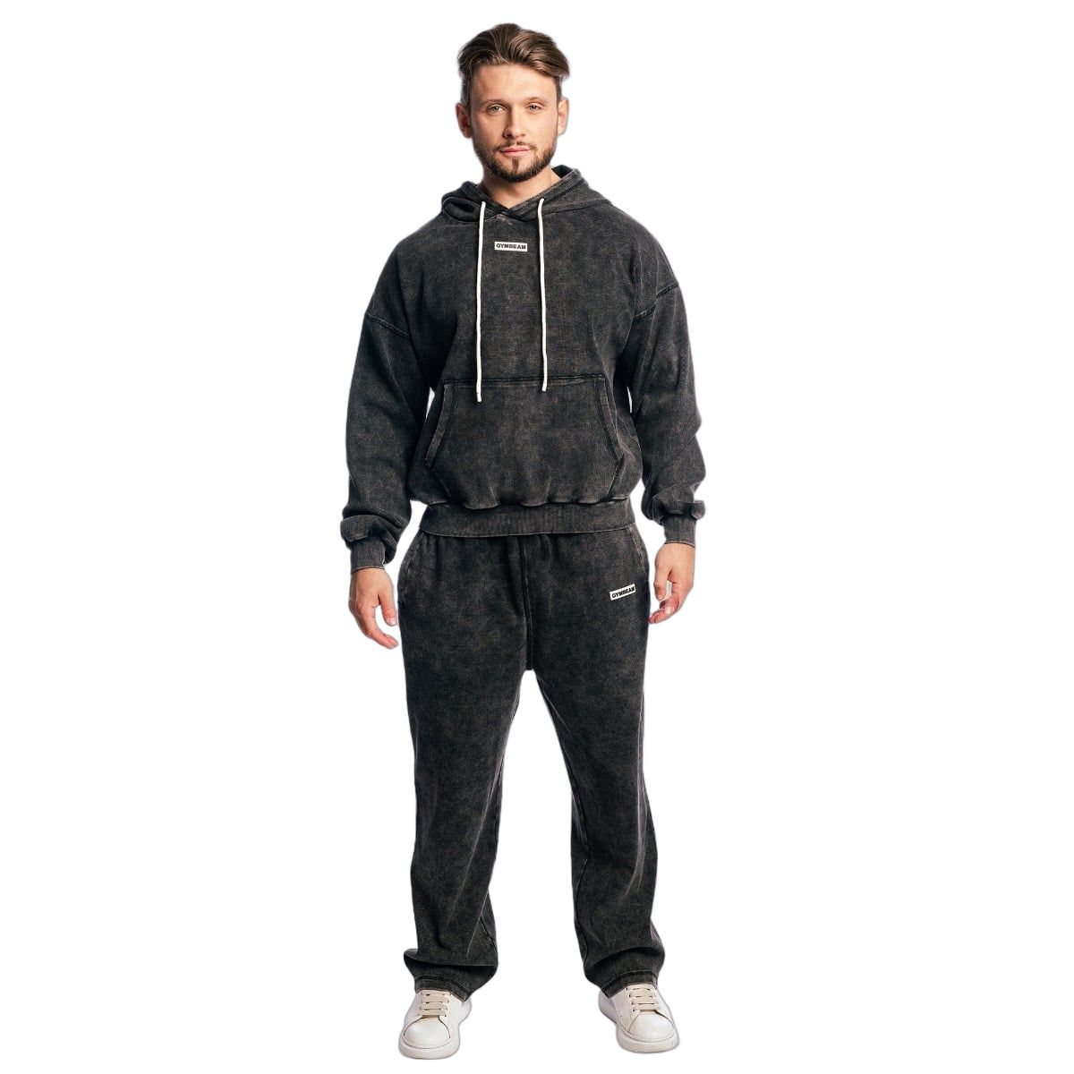GymBeam Felpa uomo oversize con cappuccio e tasca Aura Washed Black