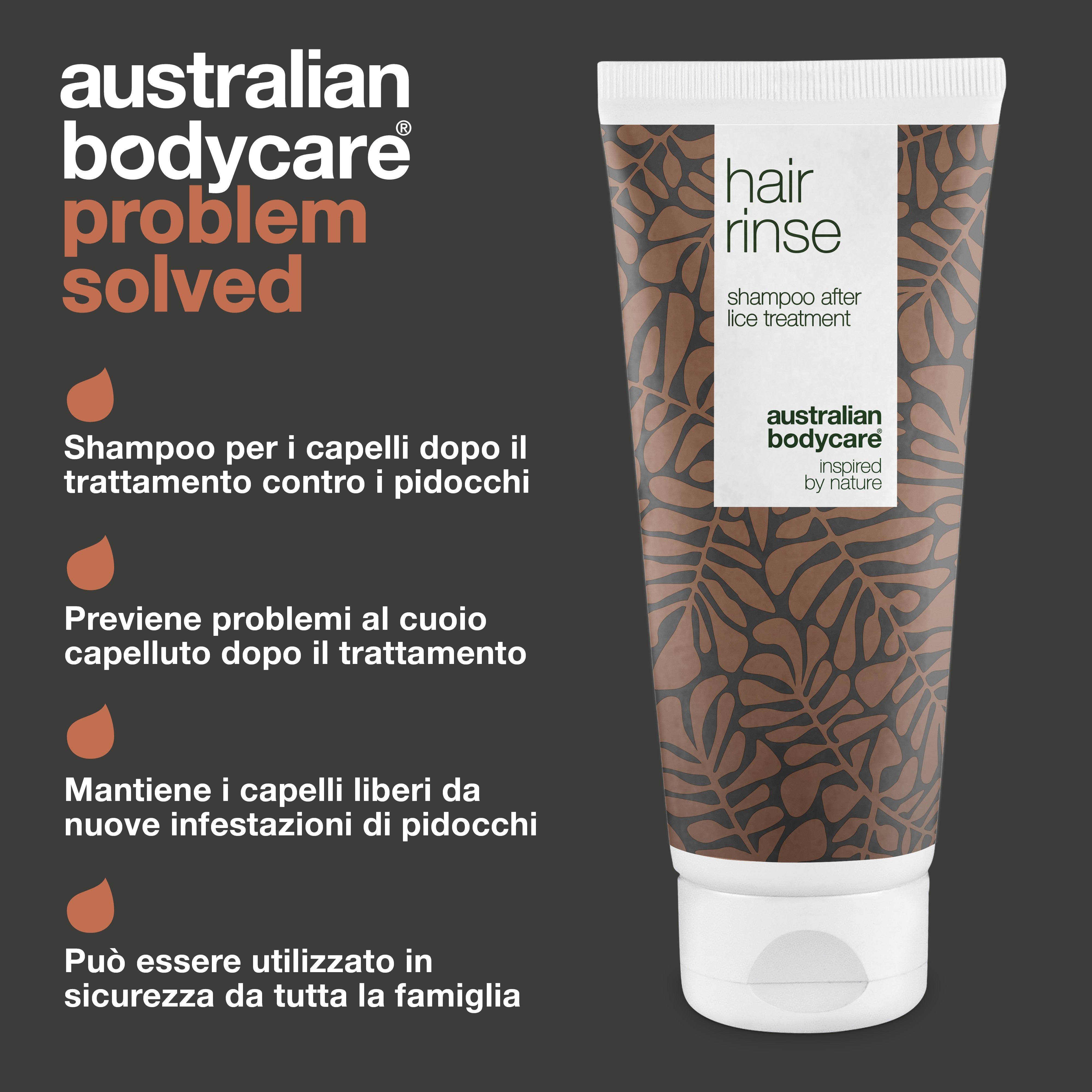 Tubo bianco. Scritta: hair rinse, shampoo after lice treatment, Australian Bodycare, inspired by nature. Accanto, del testo.