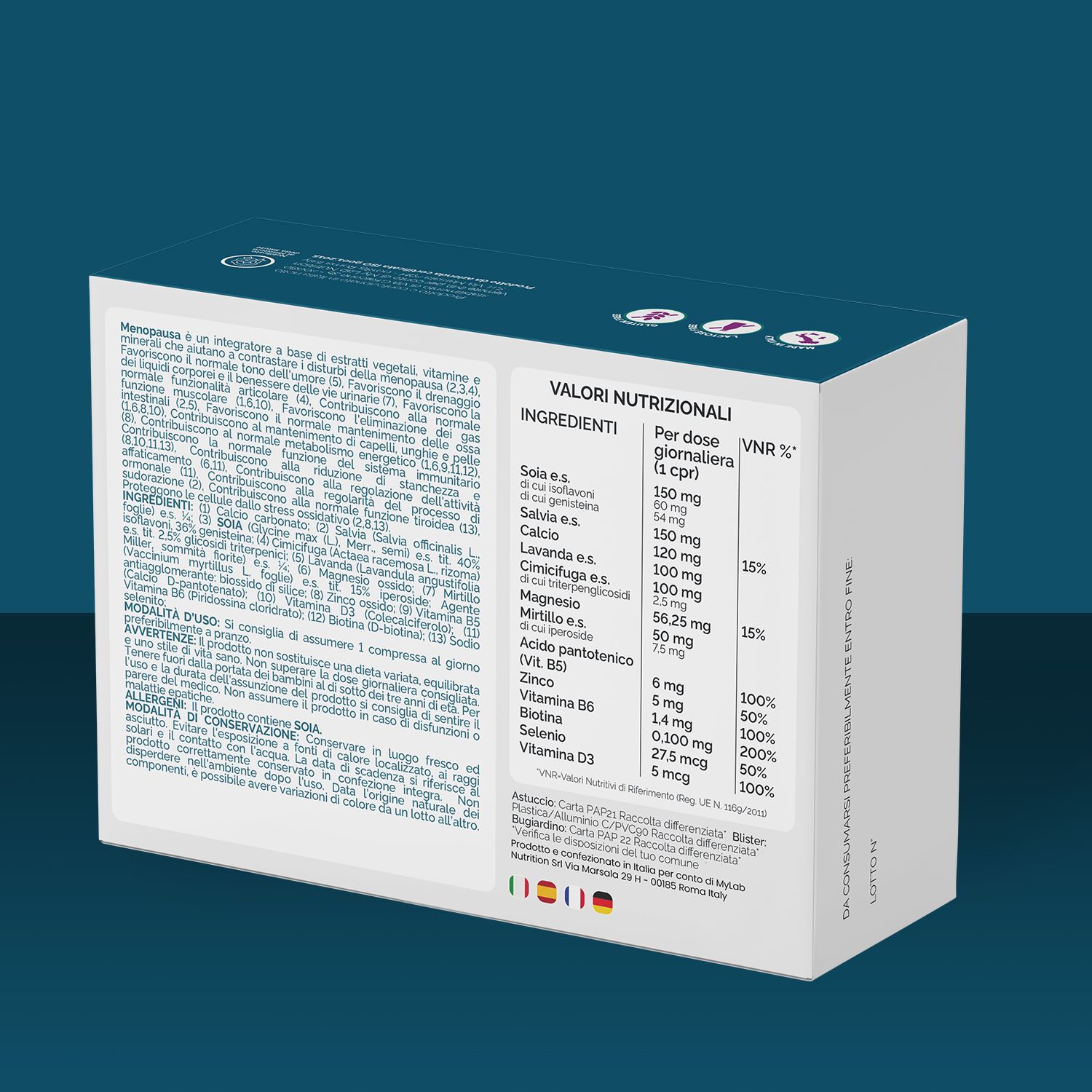 Retro della confezione Nutracle PausaCare Donna. Testo: Valori nutrizionali. Ingredienti: Soia, salvia, lavanda, cimicifuga, vitamina B6, vitamina D.