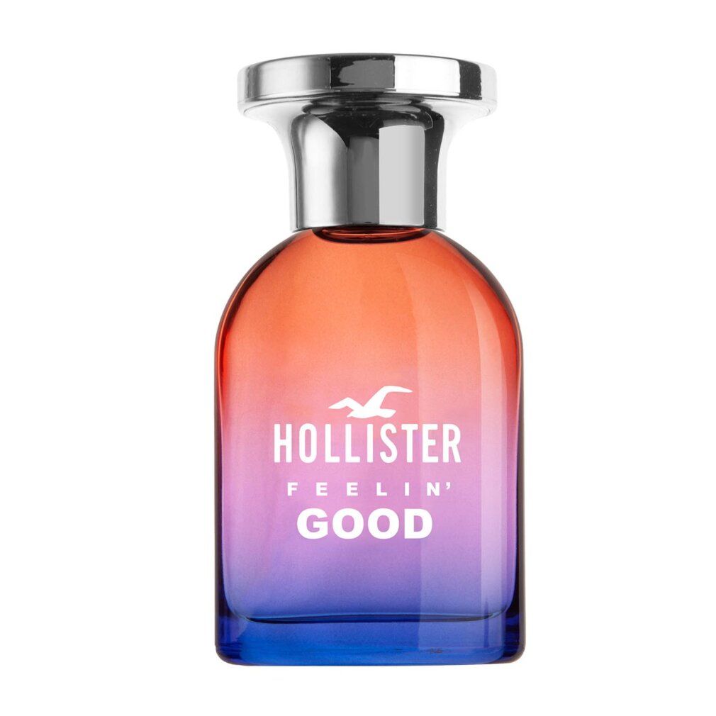 Flacone di profumo sfumato arancione-blu. Tappo argentato. Scritta: Hollister Feelin' Good.