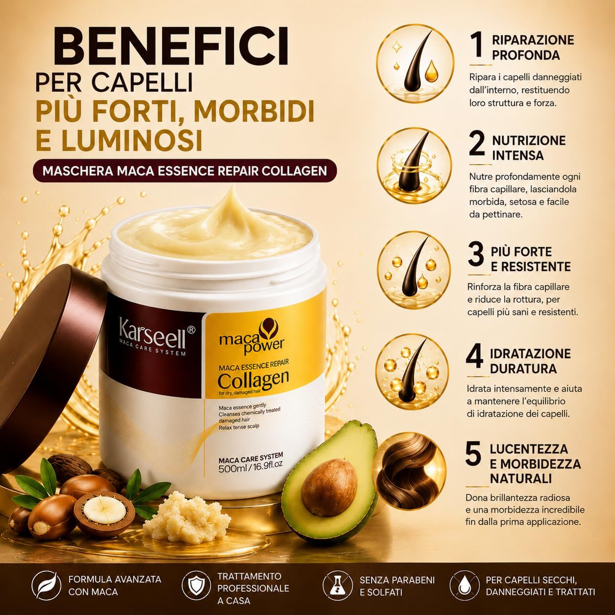 KARSEELL Set Riparazione Capelli Maschera Collagene 500ml + Serum Olio di Argan