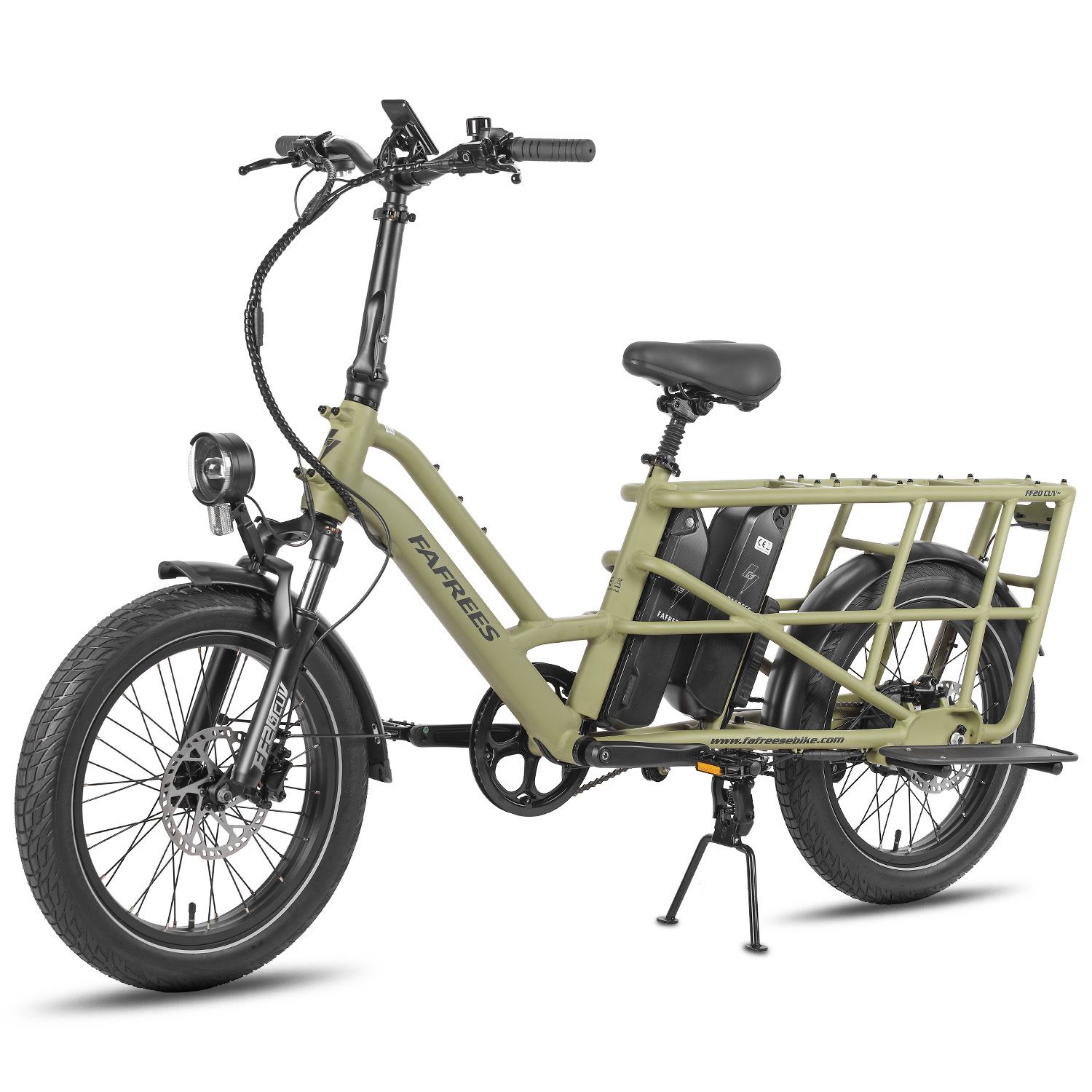 E-bike Fafrees FF20 CUV verde. Portapacchi, due batterie, fanale posteriore, pneumatici e sella neri.