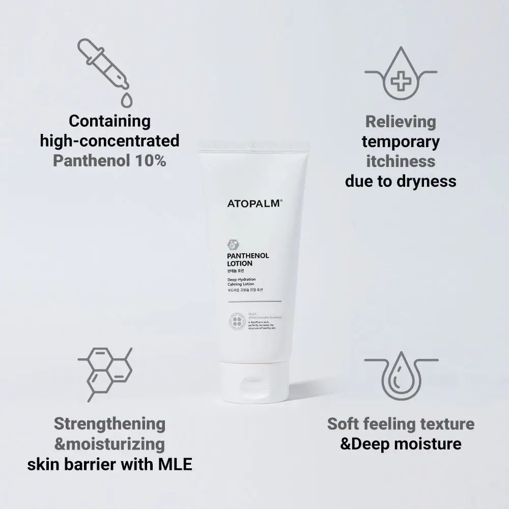 Tubo bianco ATOPALM Panthenol Lotion. Testo: Deep Hydration Calming Lotion. Grafici: Panthenol 10%, sollievo dal prurito.