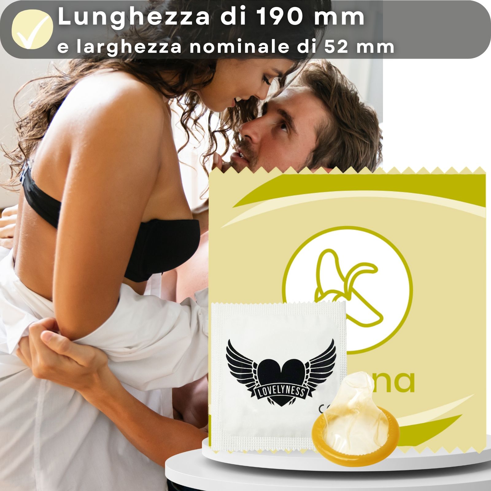 Confezione di preservativi, gusto banana, confezionati singolarmente, logo.