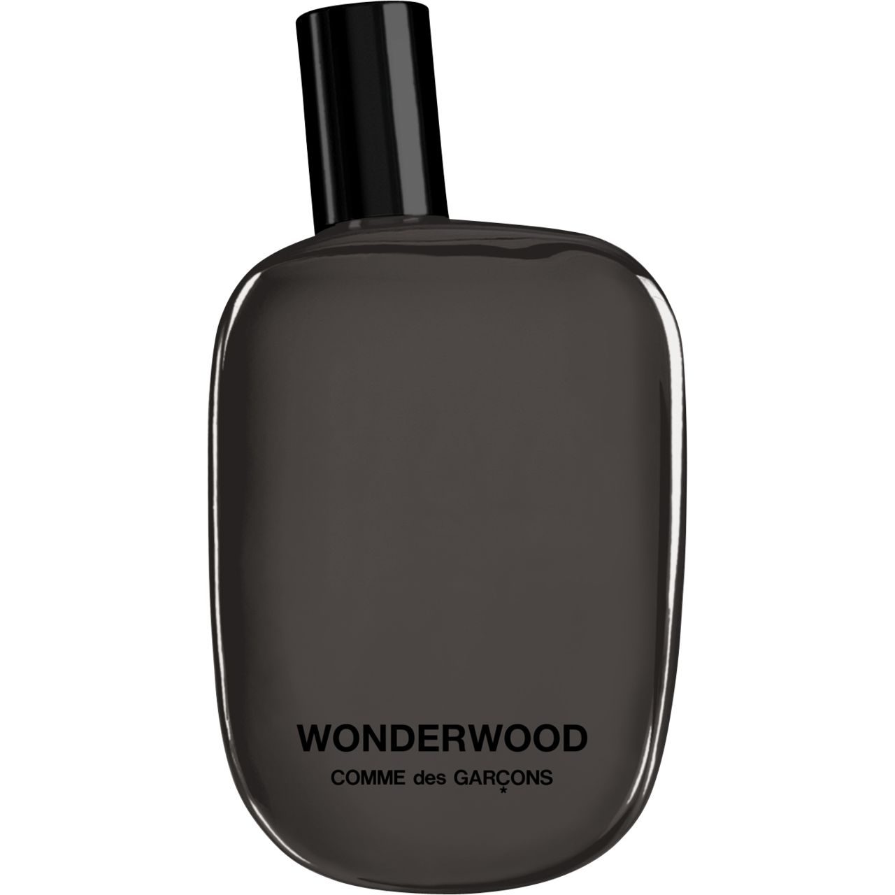 Flacone grigio scuro con tappo nero. Scritta: Wonderwood, Comme des Garçons.