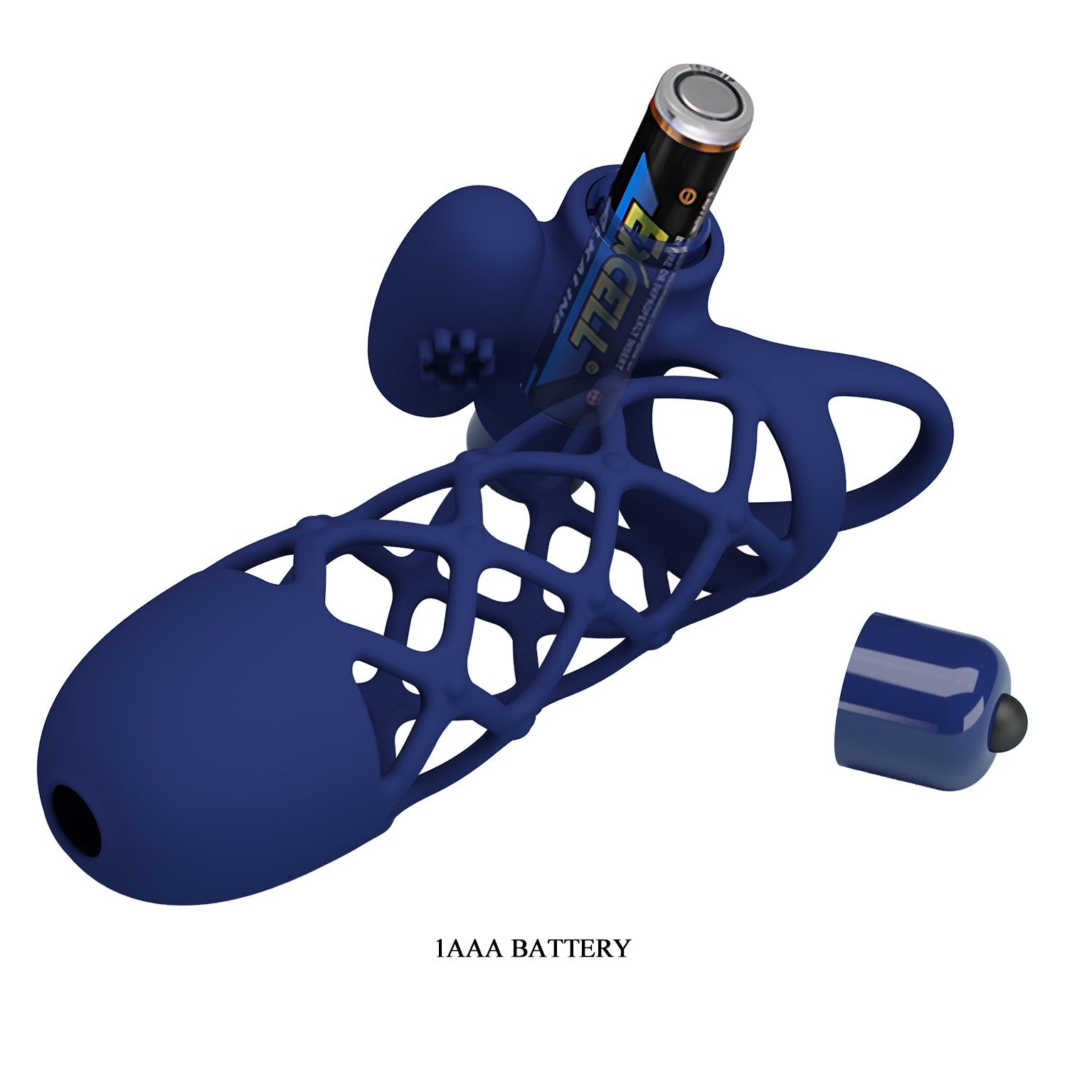 Prodotto blu con struttura a griglia, vibratore e vano batteria. Batteria AAA visibile.