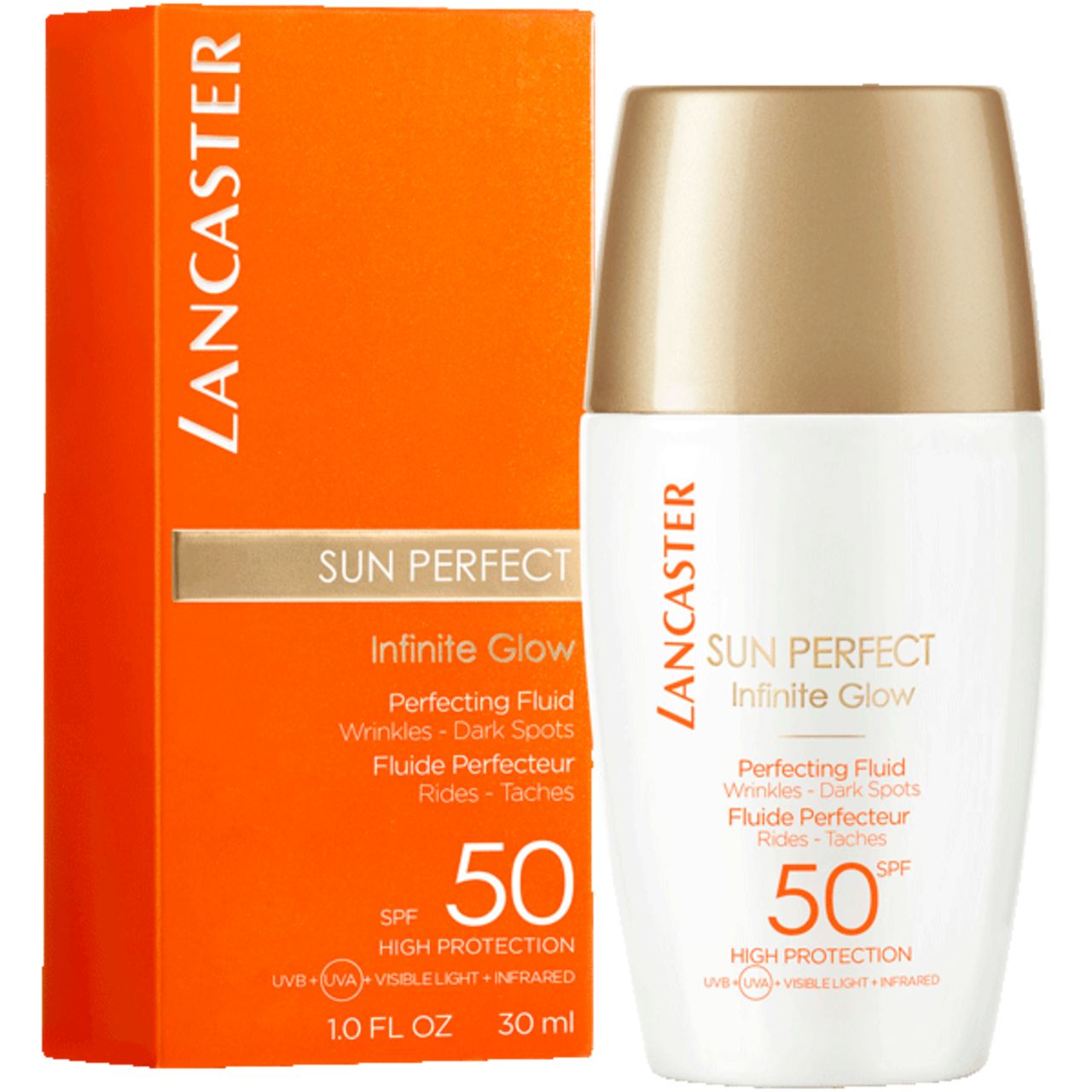 Flacone e confezione. Scritta: Lancaster Sun Perfect Infinite Glow, SPF 50. Prodotto per rughe, macchie. Confezione arancione.