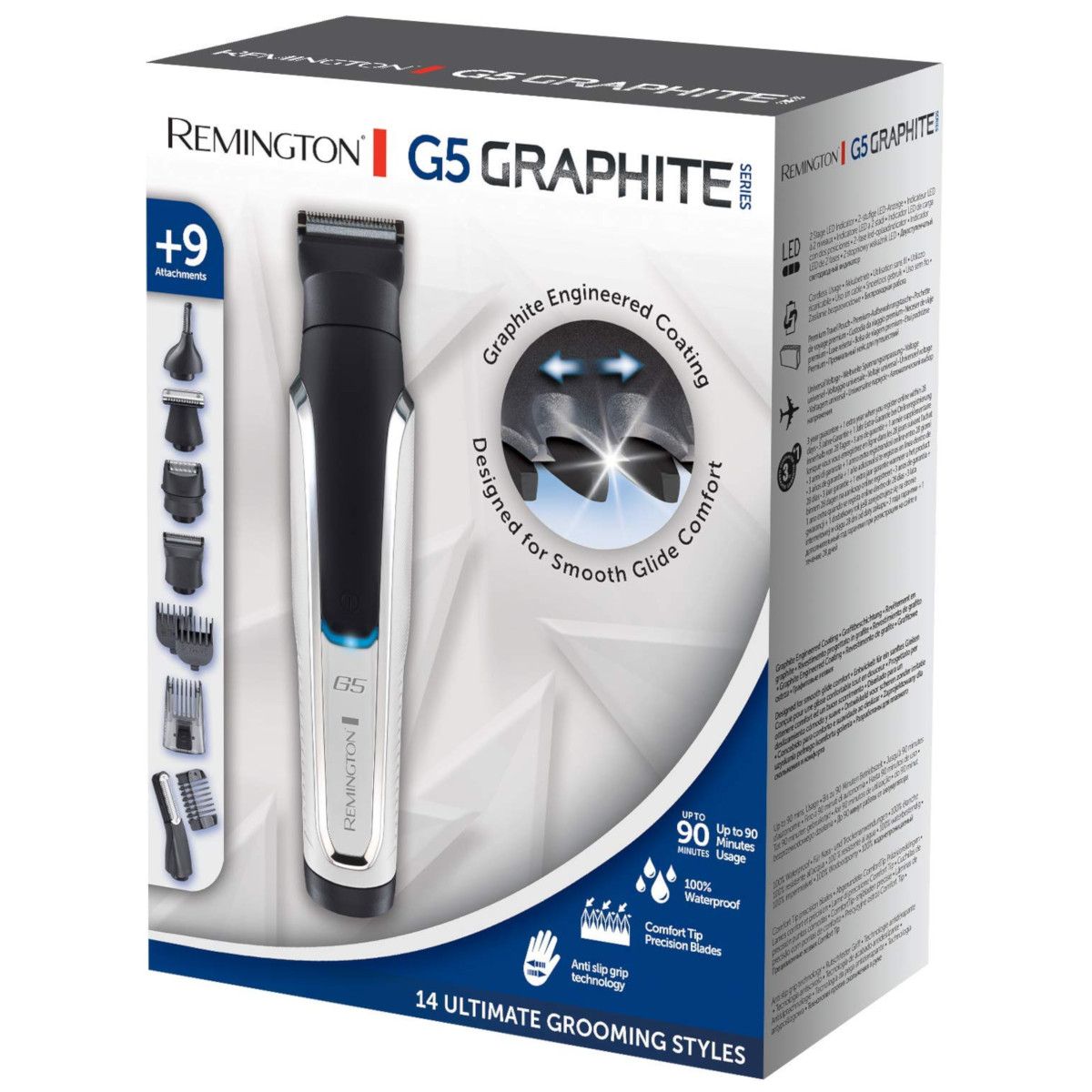 Confezione del prodotto. Contiene un tagliacapelli e accessori. Sulla confezione sono riportate informazioni sul prodotto e loghi.