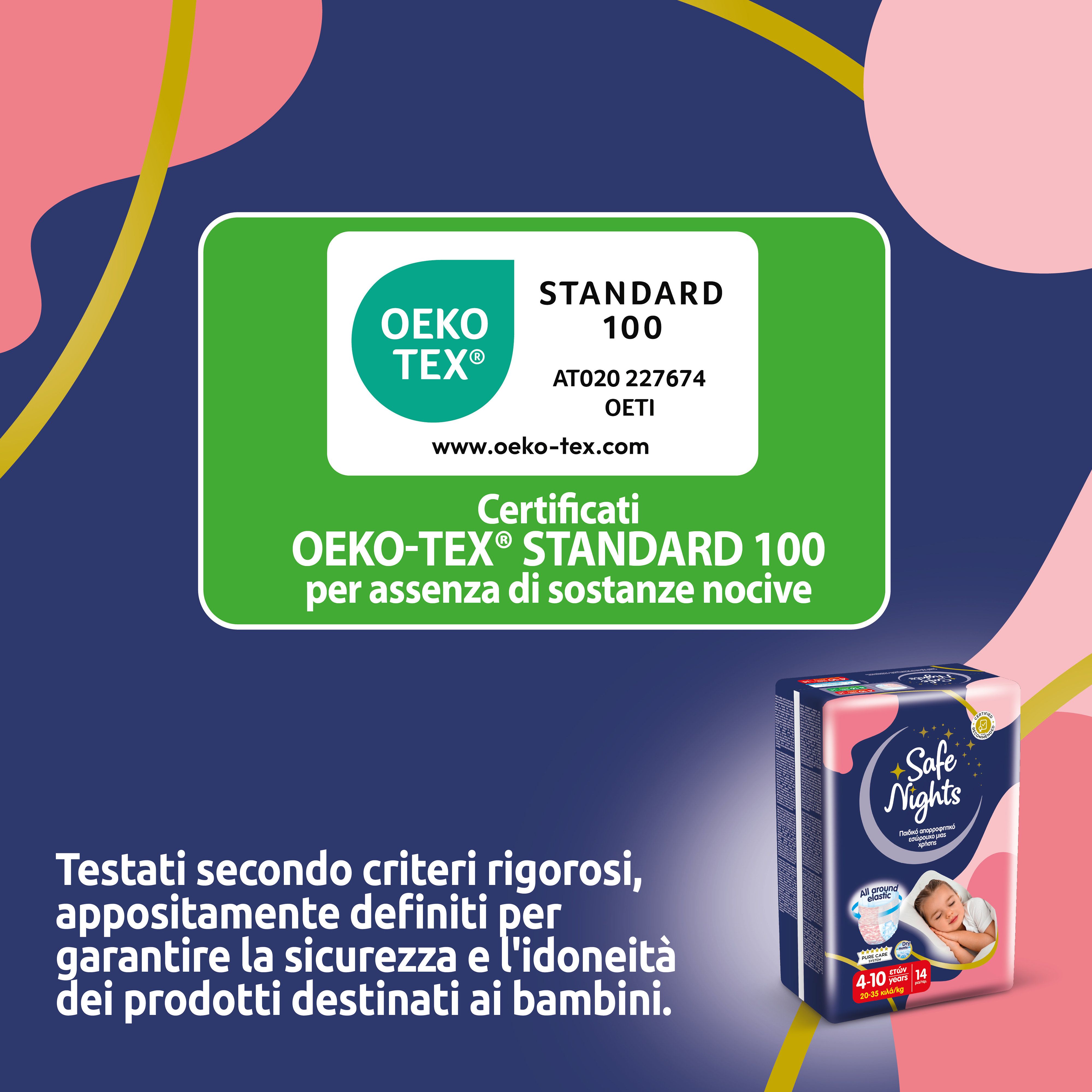 Pannolino con certificazione Oeko-Tex Standard 100. Confezione del prodotto Babylino Safe Nights Girls Pants. Testo: Oeko-Tex.