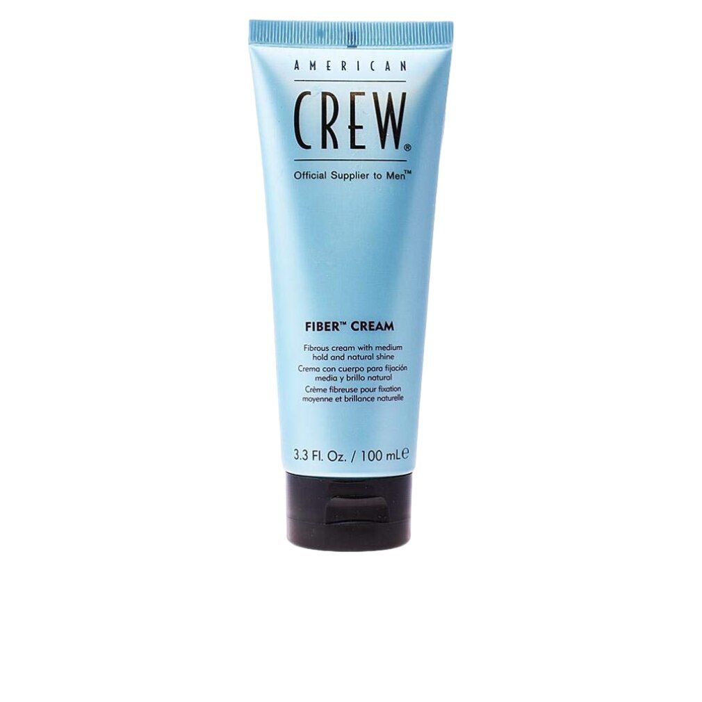 Tubo azzurro chiaro con tappo nero. Scritta: AMERICAN CREW, FIBER CREAM. Volume: 100 ml.