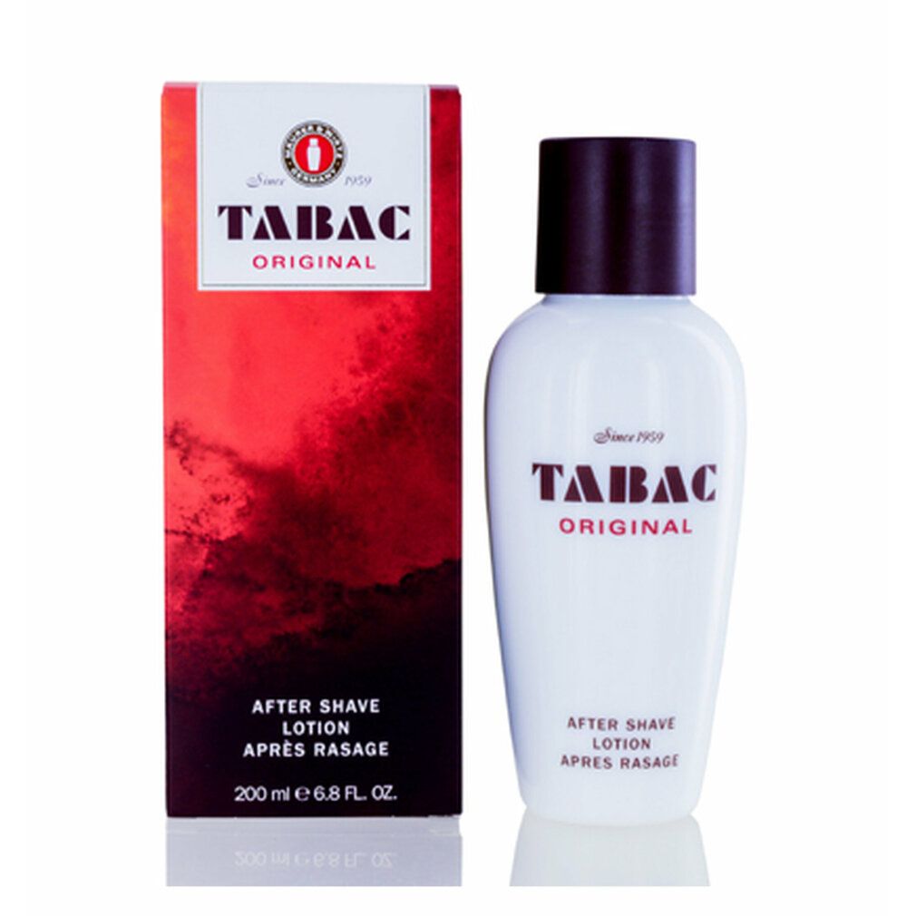 Lozione dopobarba e confezione. Logo e scritta Tabac Original. 200 ml. Dal 1959. Après Rasage.