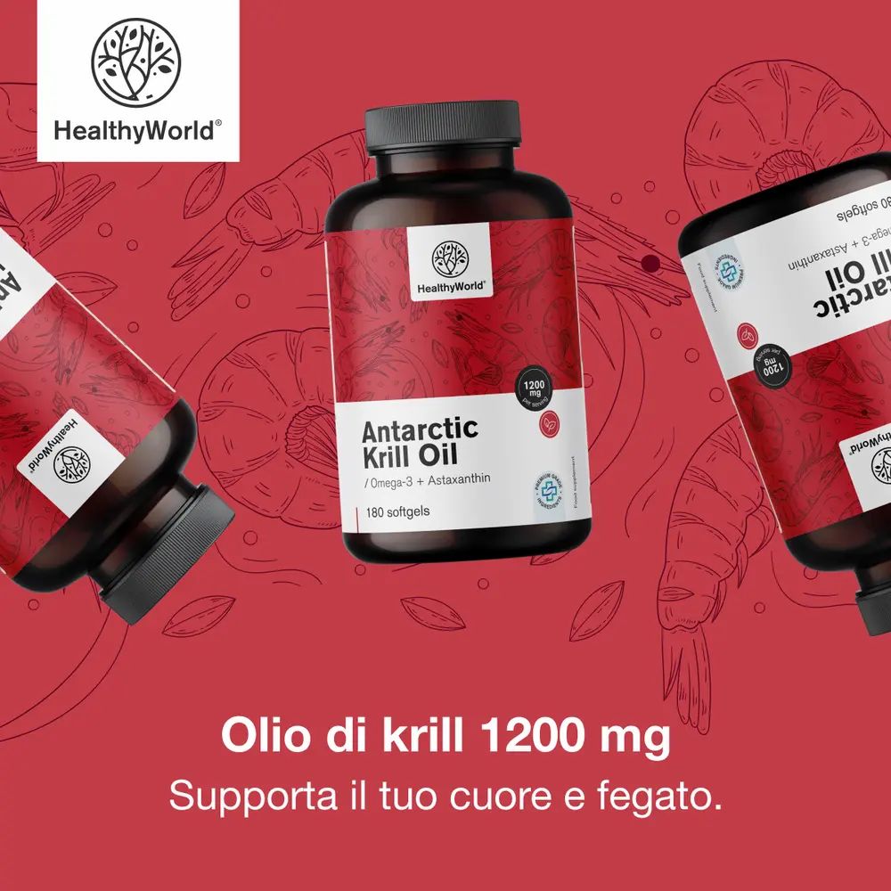 Immagine prodotto con testo: Olio di krill 1200 mg, supporta cuore e fegato. Immagine flaconi. Sfondo rosso.