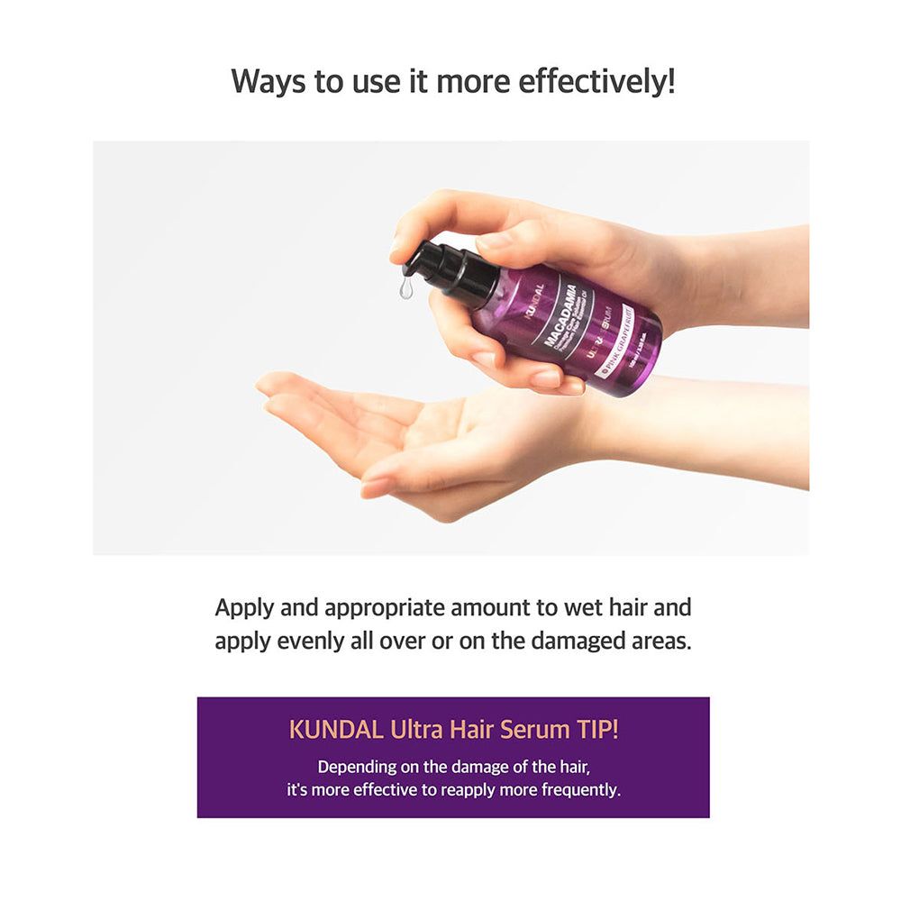 Applicazione del siero per capelli KUNDAL sui capelli bagnati da una bottiglia con erogatore.