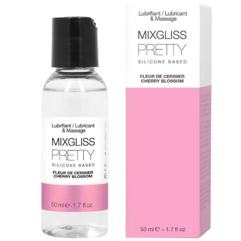 Gel lubrificante Mixgliss Pretty a base di silicone, Fiore di ciliegio, flacone e confezione da 50 ml.