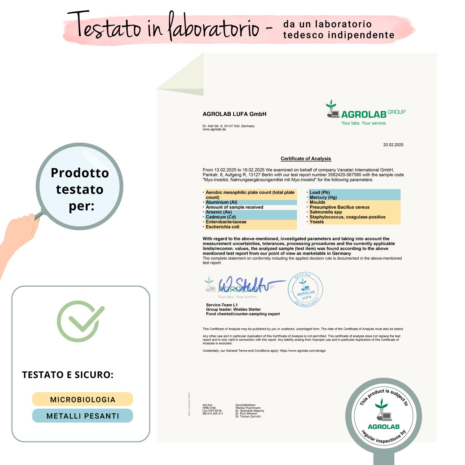 Certificato di Agrolab. Prodotto testato per: microbiologia, metalli pesanti. Logo: Agrolab Group.