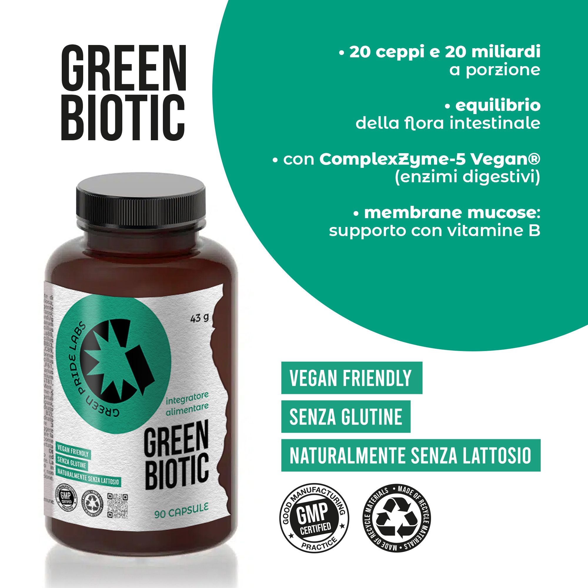 Green Biotic – Integratore Probiotico con 20 Ceppi, Prebiotici, Enzimi Digestivi e Vitami