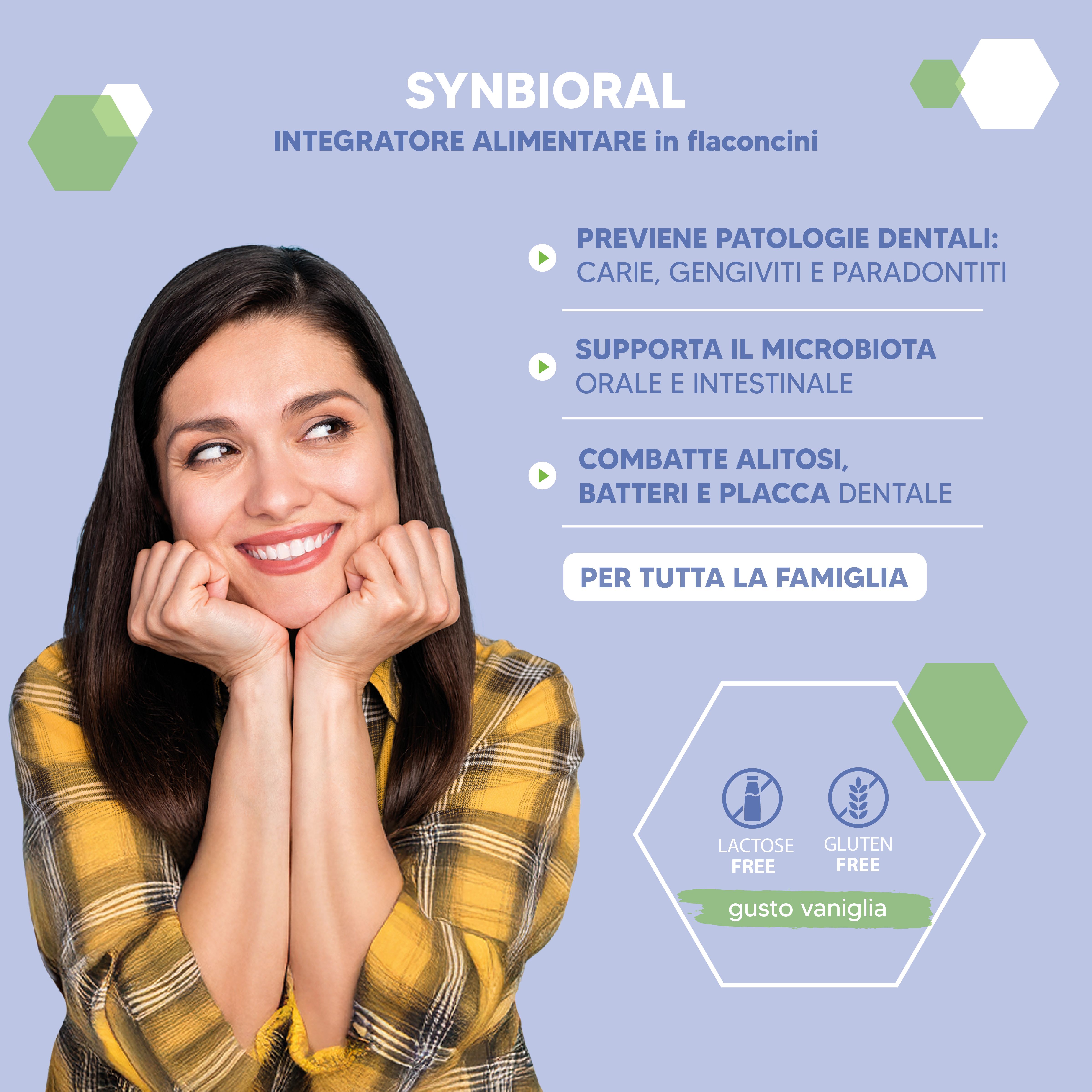 Donna sorridente. Testo: Synbioral, integratore alimentare. Benefici: prevenzione, supporto, combatte. Senza lattosio, senza glutine, gusto vaniglia.