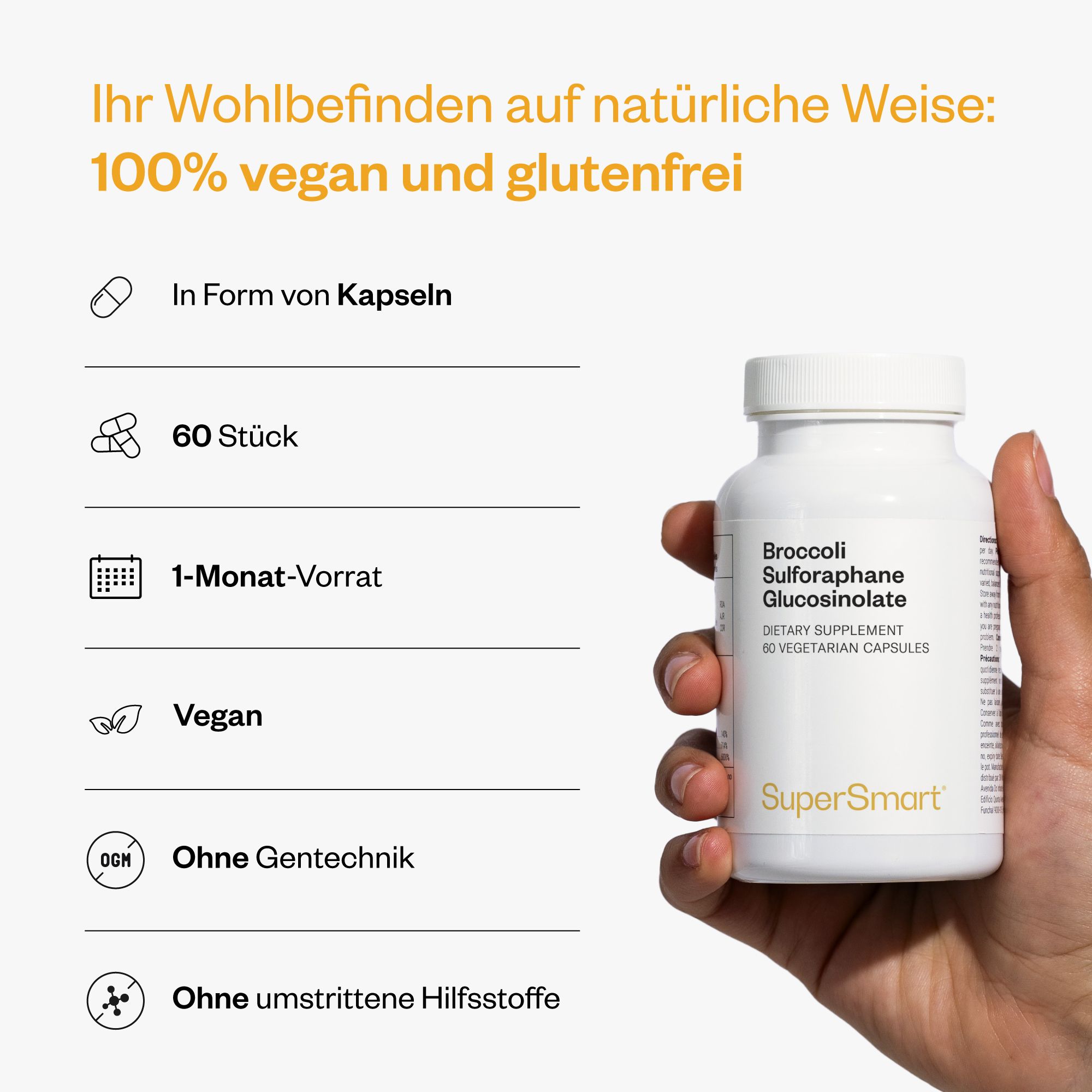 Flacone bianco con Broccolo Sulforafano Glucosinolato, 60 capsule vegetariane, marca SuperSmart.