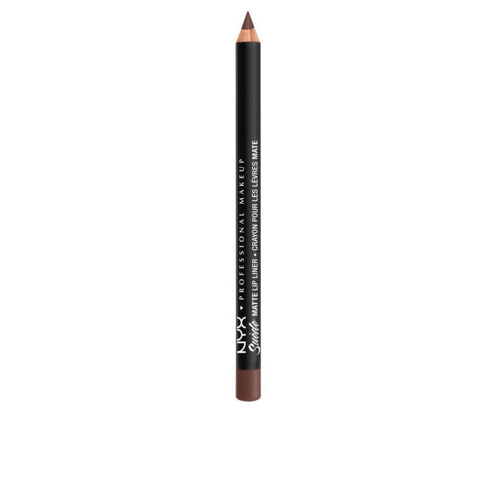 Matita labbra marrone. Matita nera con testo bianco. Scritta: NYX PROFESSIONAL MAKEUP MATTE LIP LINER.