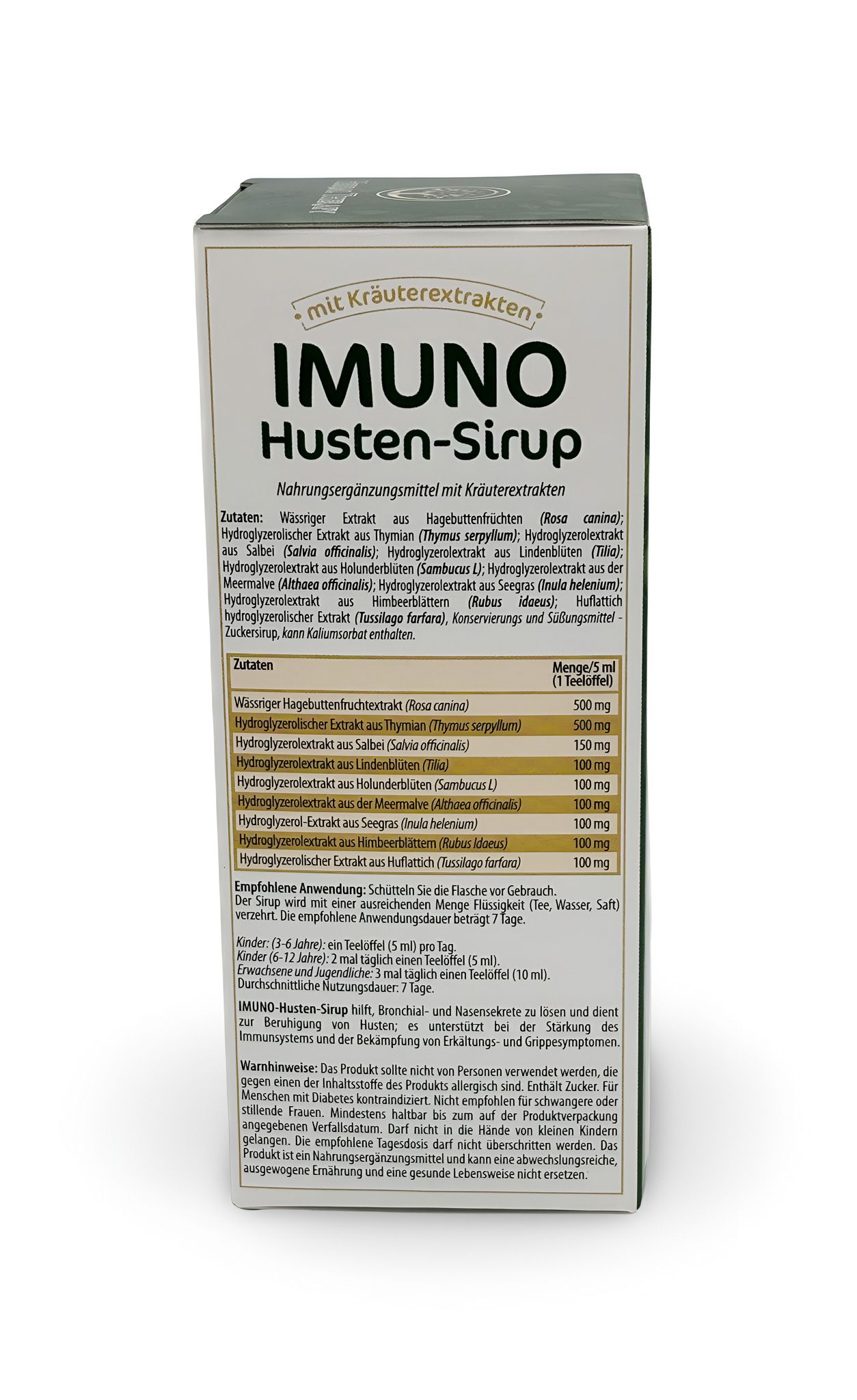 Retro della scatola. Scritta: IMUNO Husten-Sirup. Elenco ingredienti e istruzioni per il dosaggio. Testo in tedesco.