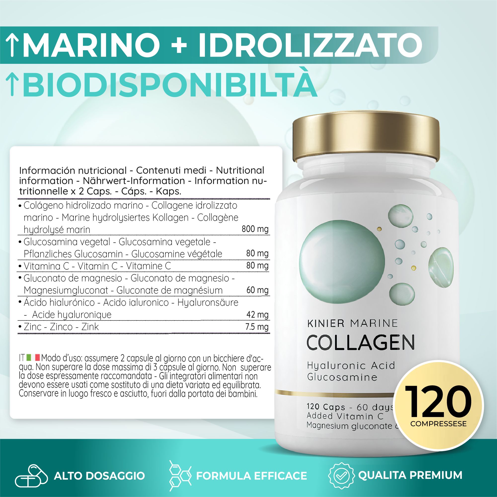 Flacone bianco con informazioni sul prodotto. Testo: KINIER MARINE COLLAGEN, Acido Ialuronico, Glucosamina. 120 capsule. Ingredienti e valori nutrizionali.