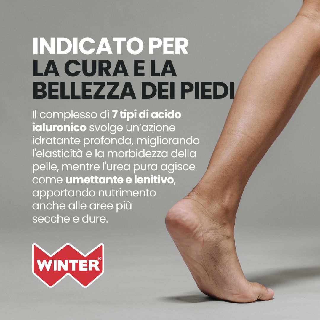 Una gamba con pelle liscia, con logo Winter e testo sull'acido ialuronico per la cura dei piedi.