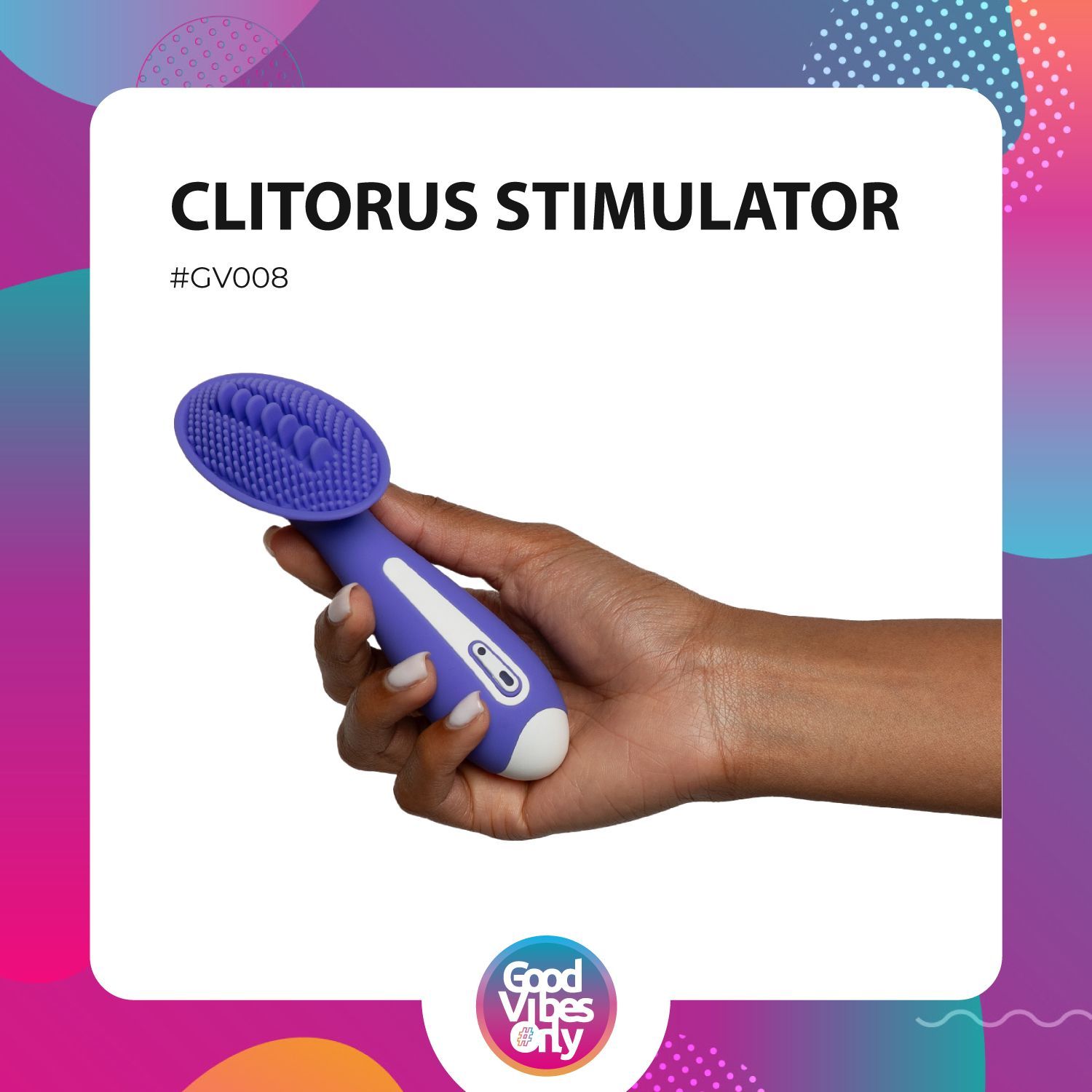 Stimolatore clitorideo viola tenuto in mano. Lo stimolatore ha una testa arrotondata.