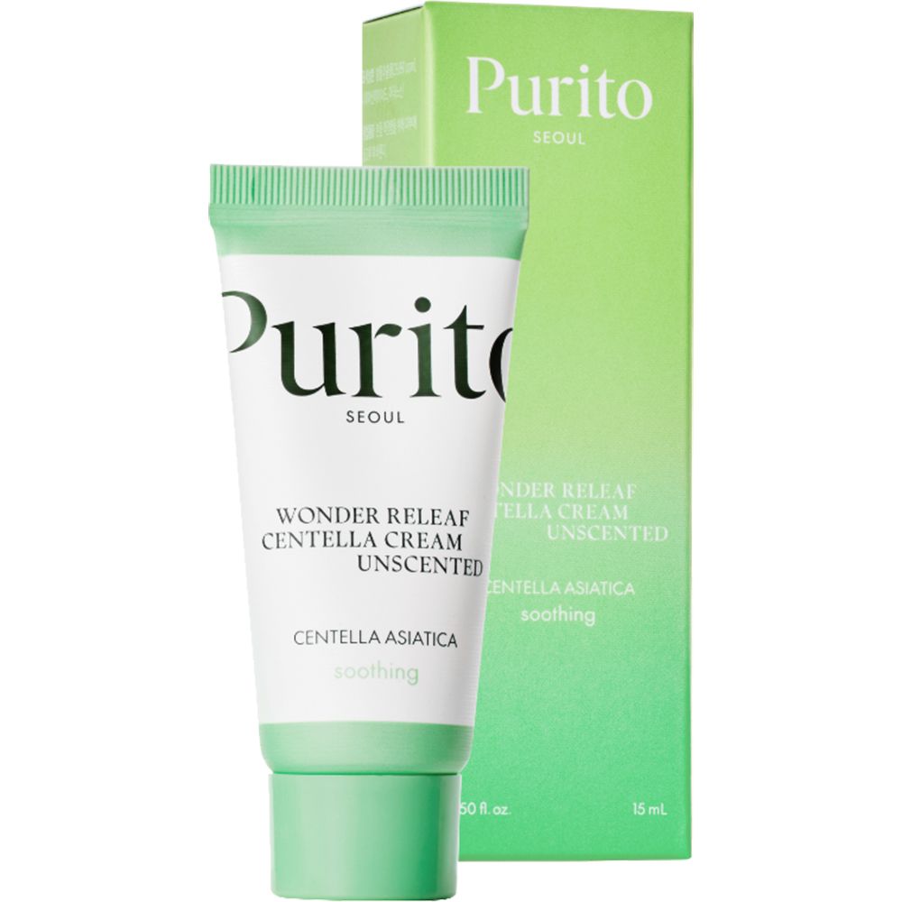 Tubo di crema e scatola, bianchi e verdi. Scritta: Purito, Wonder Releaf Centella Cream Unscented. Centella Asiatica, soothing.