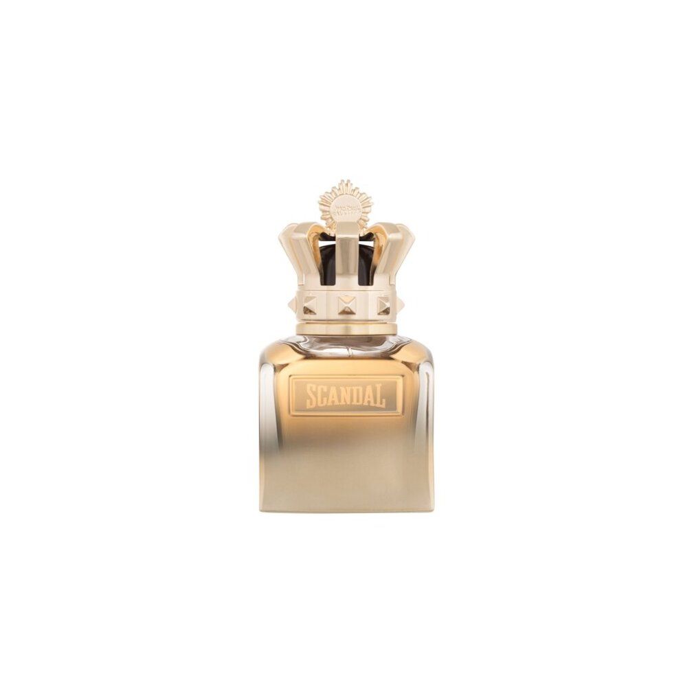 Flacone di profumo con corona dorata. Scritto: Scandal. Forma quadrata.