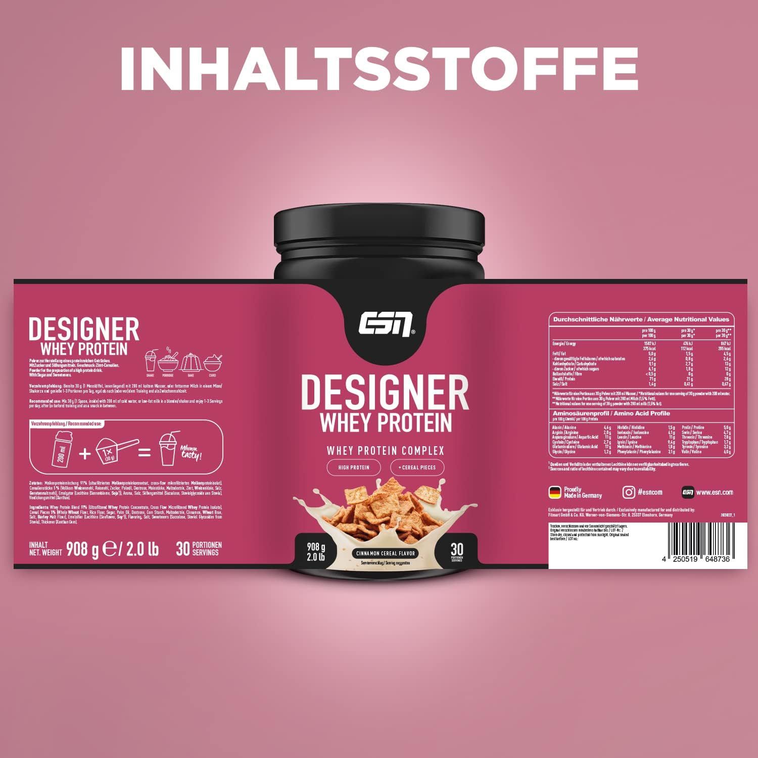 Barattolo ESN Designer Whey Protein, 908g, 2.0 lb, 30 porzioni. Tabella ingredienti. Aroma Cinnamon Cereal.