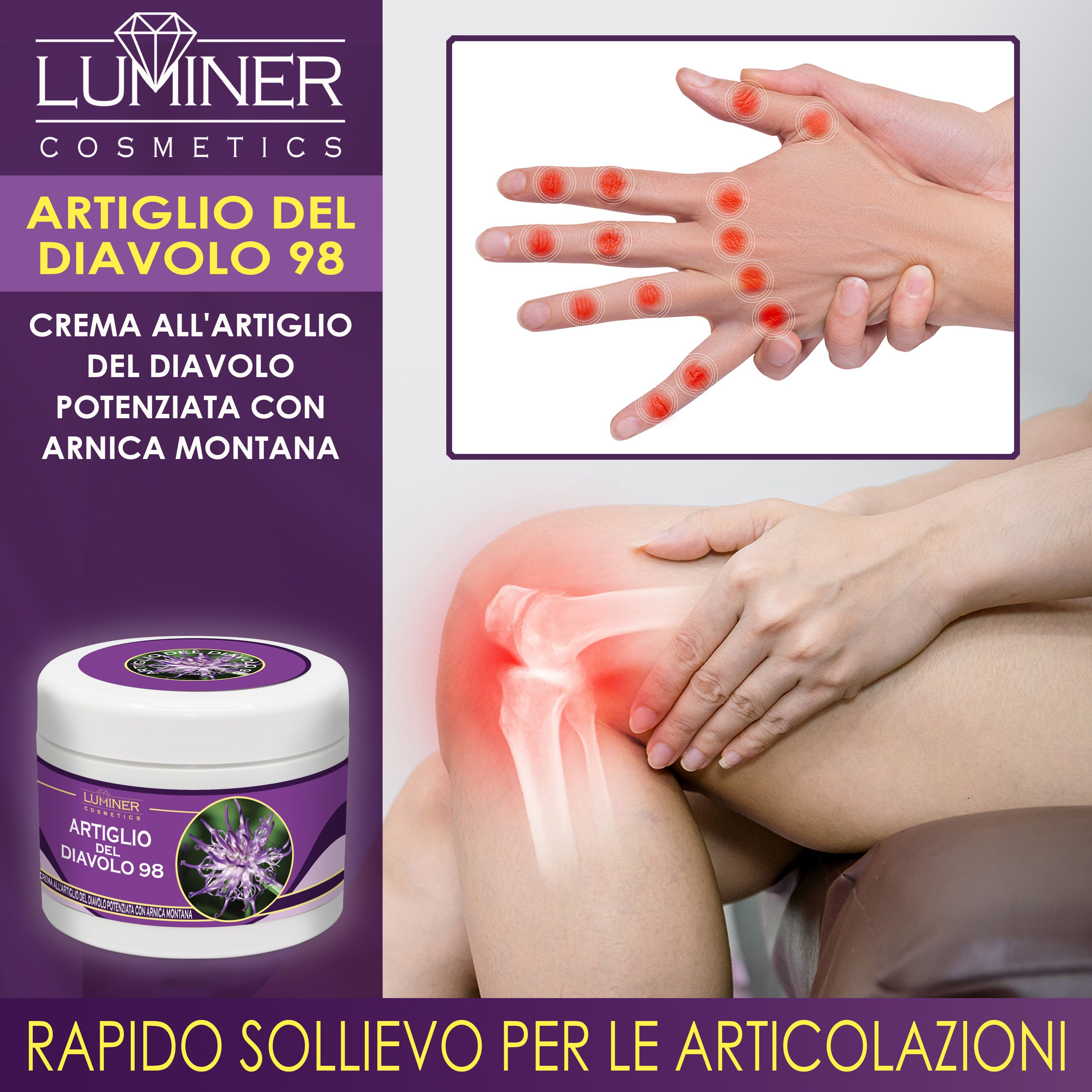 Mani con dolori articolari, ginocchio dolente. Crema Artiglio del Diavolo 98 per le articolazioni.