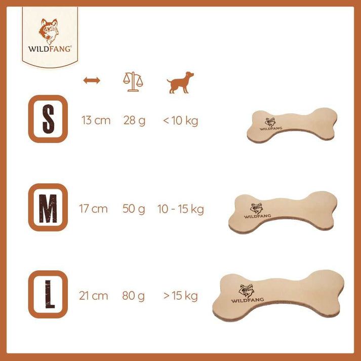 Confronto taglie ossa in pelle: S (13cm, 28g, <10kg), M (17cm, 50g, 10-15kg), L (21cm, 80g, >15kg). Marchio: WILDFANG®.