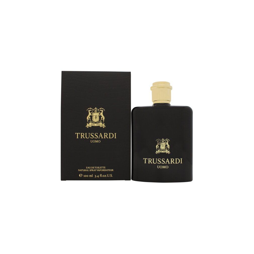 Trussardi Uomo Eau de Toilette Spray in flacone nero con tappo dorato e scatola.
