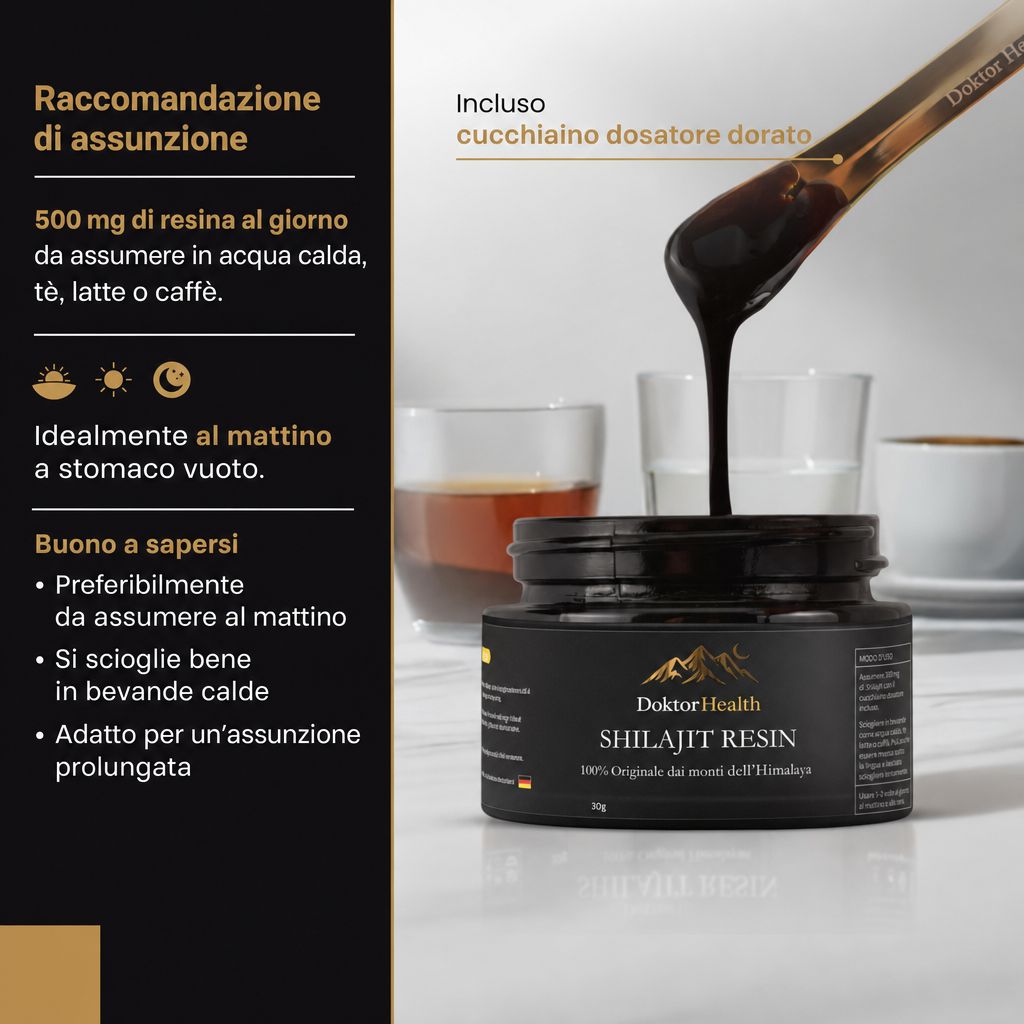 Cucchiaio dorato con resina Shilajit scura che cola su un vasetto aperto. Incluso misurino.