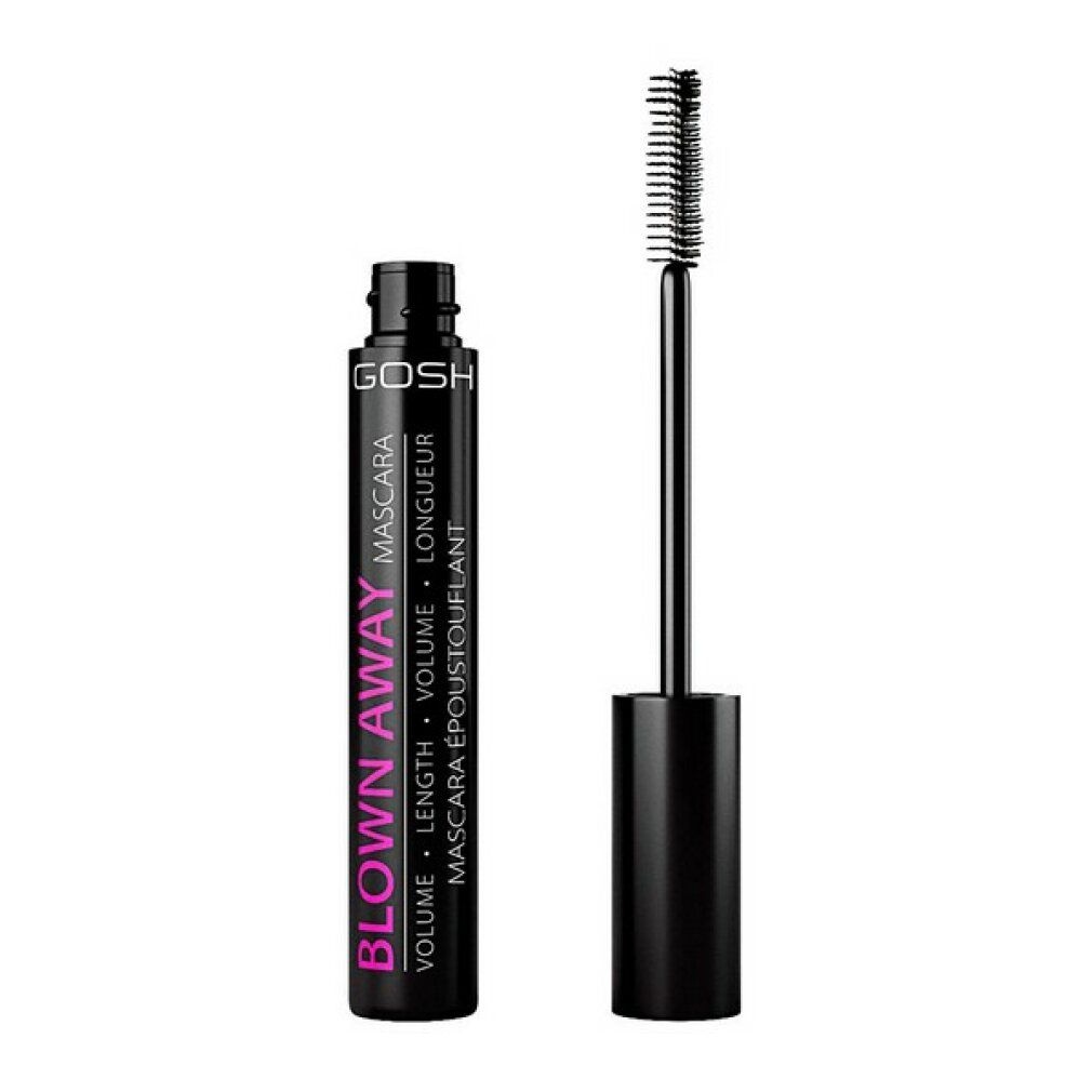 Tubo di mascara nero e spazzola. Scritta: GOSH BLOWN AWAY MASCARA. Volume, lunghezza. Spazzola nera con setole.
